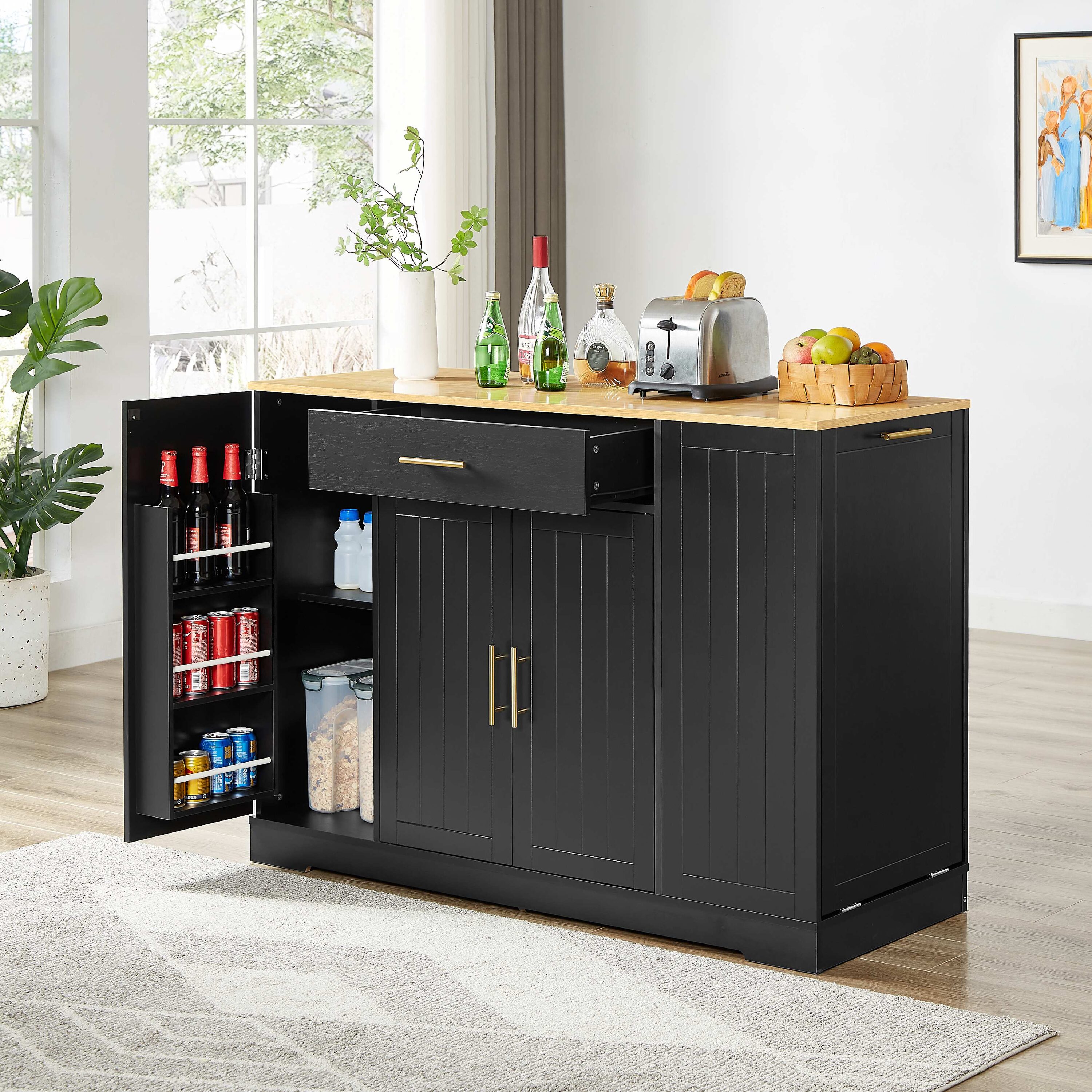 Dexmalle W1820P266160 Modern Black 53.2W x 20.9D x 38.0H Kitchen Storage Islands with Drawers and Trash