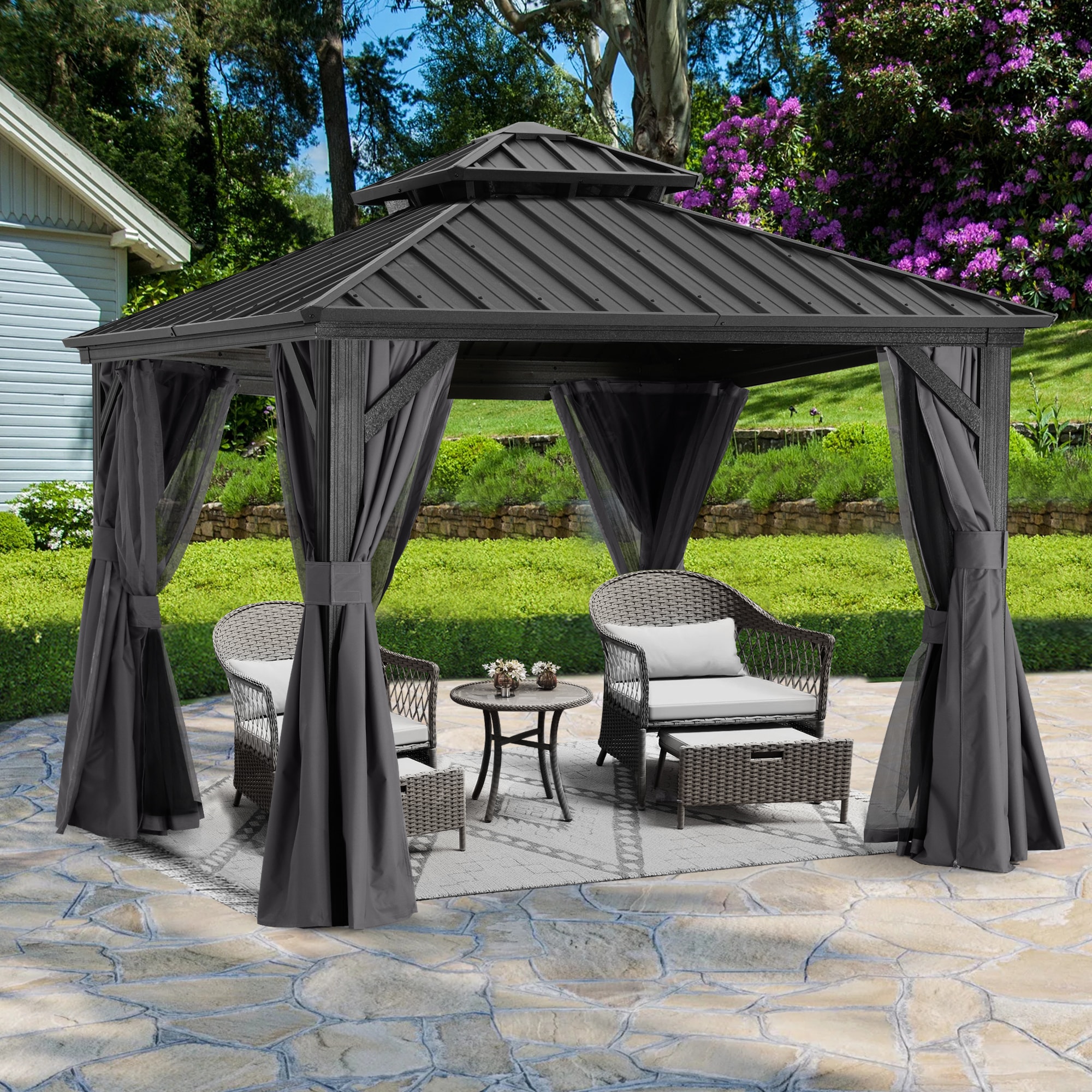 ABCCANOPY 8-ft x 8-ft Square Gray Metal Steel Roof Gazebo with Screen ...