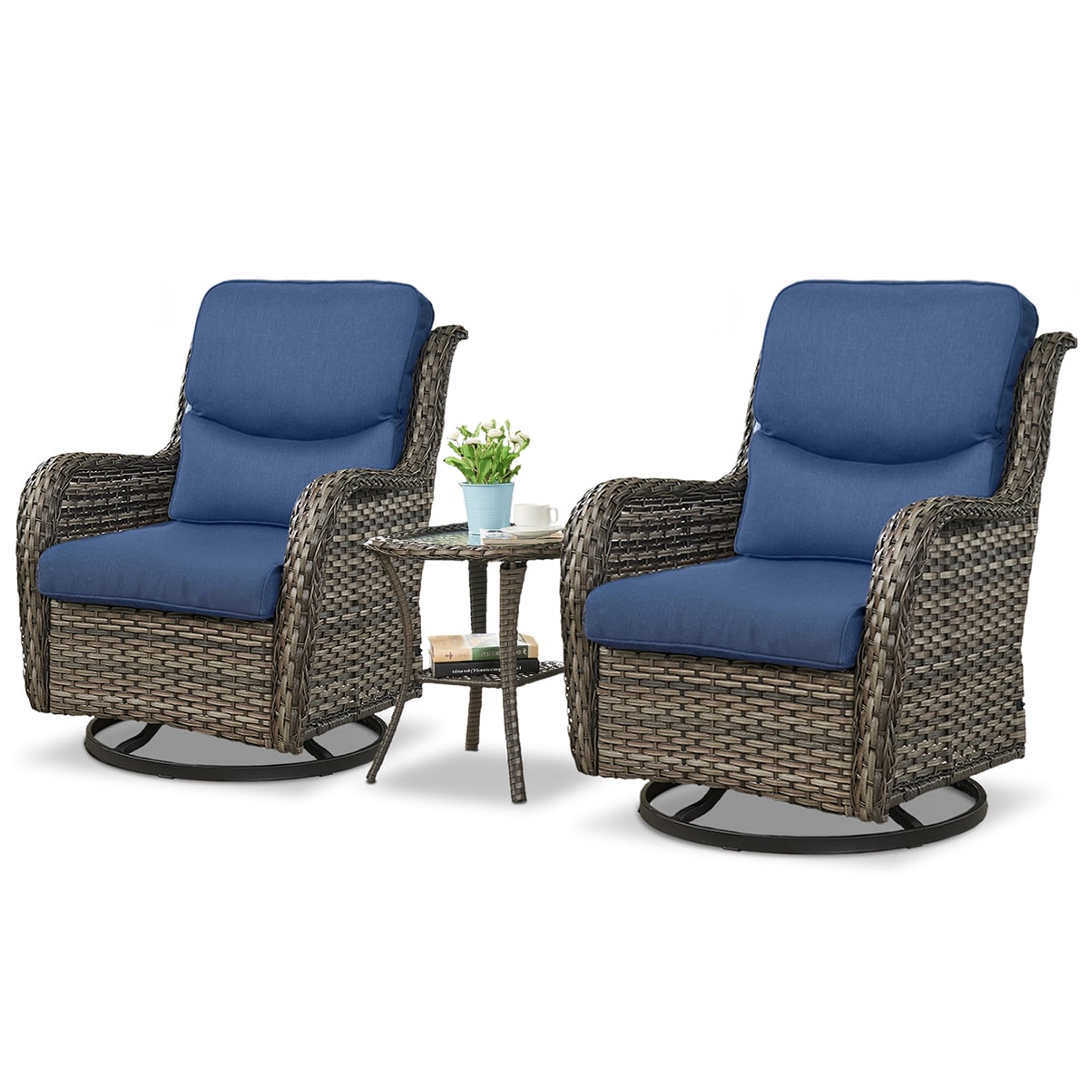 Rilyson FSXL036-1 Smiley Set of 2 Wicker Gray Wicker Frame Swivel glider Conversation Chair with Gray Blue Cushioned Seat