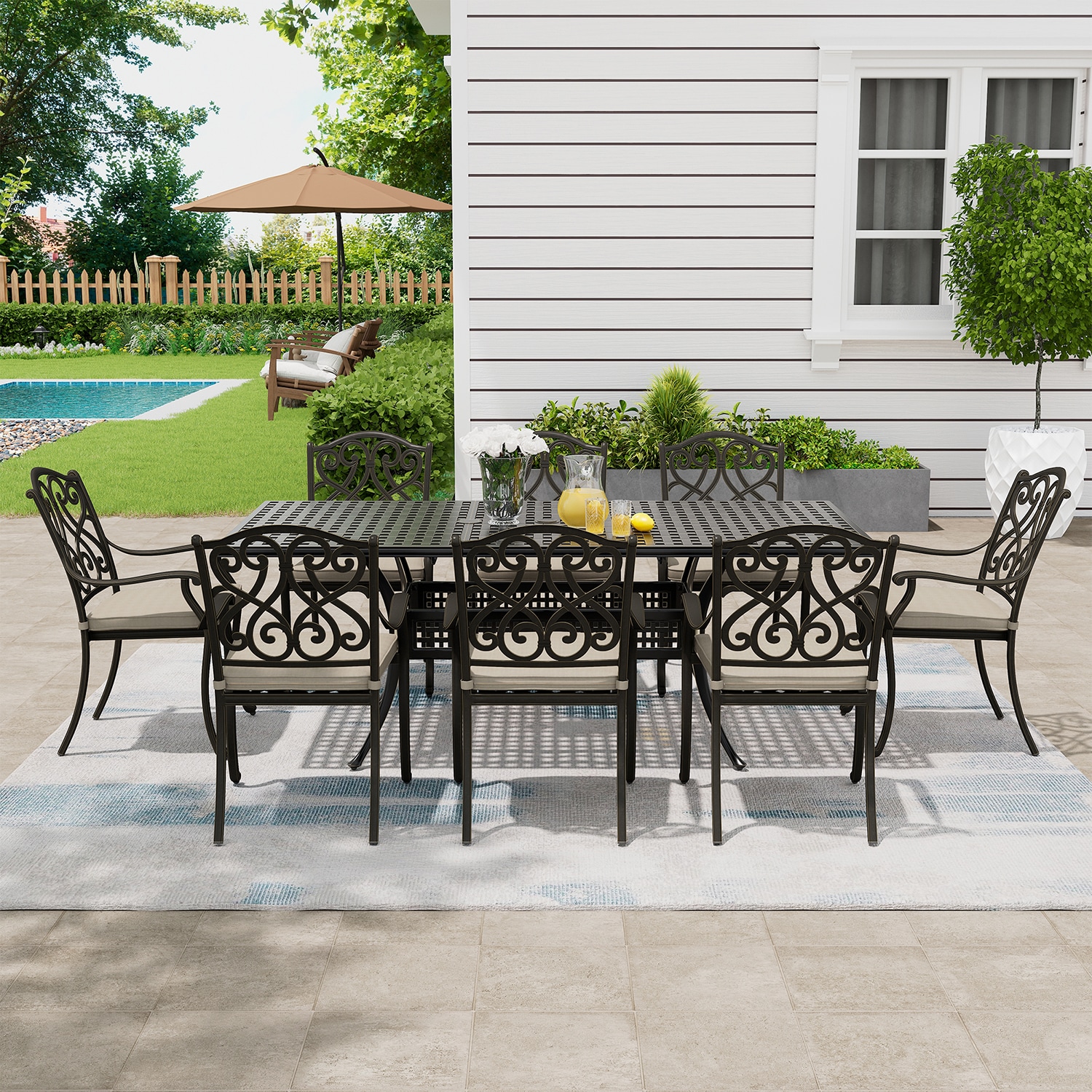 9-Piece Black Cast Aluminum Rectangular Outdoor Dining Set with Beige Cushions