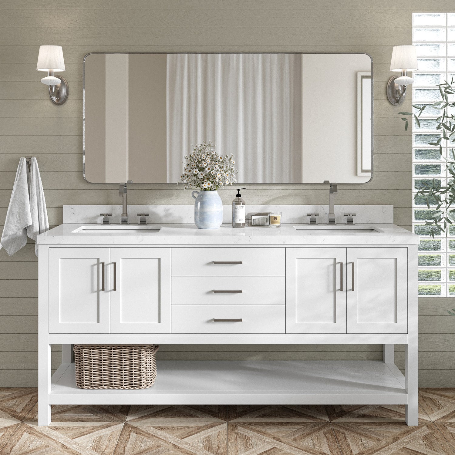 ARIEL S072DCQRVOWHT Magnolia 72.25-in White Undermount Double Sink Bathroom Vanity with Carrara White Quartz Quartz Top