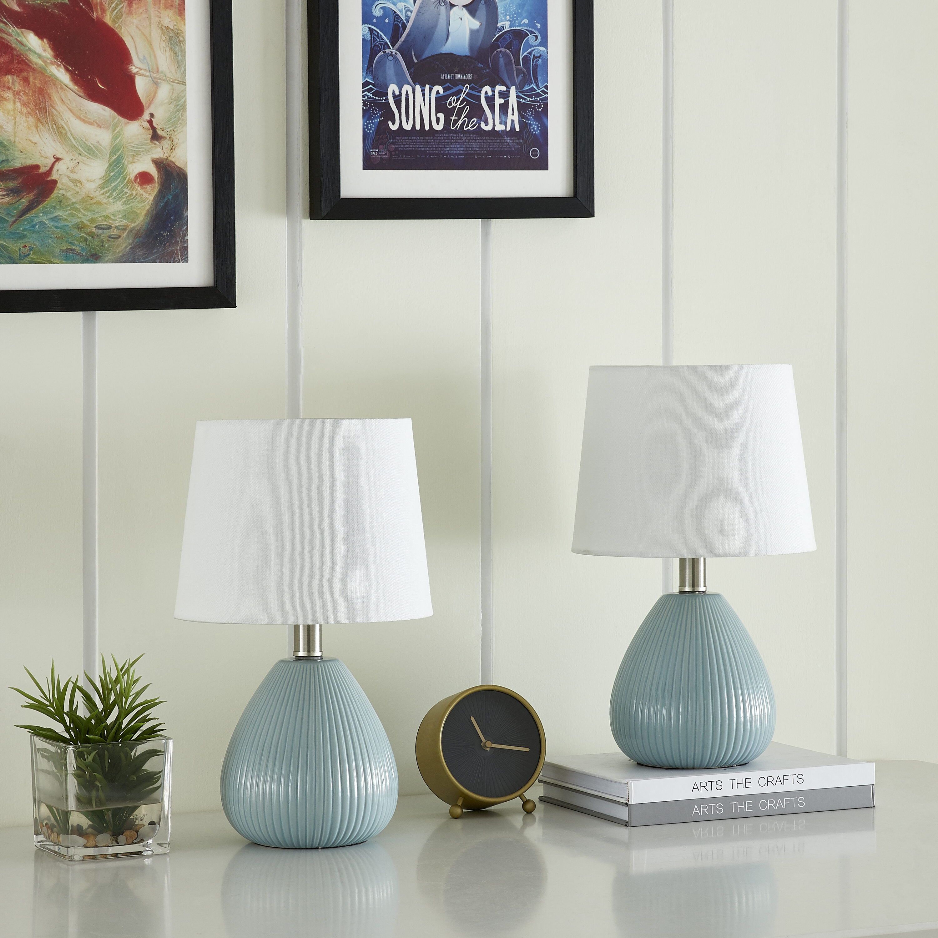 Maxax T62-BU Deluxe 15.5-in Blue LED Incandescent Rotary socket Table Lamp with Linen Shade 2 -Set