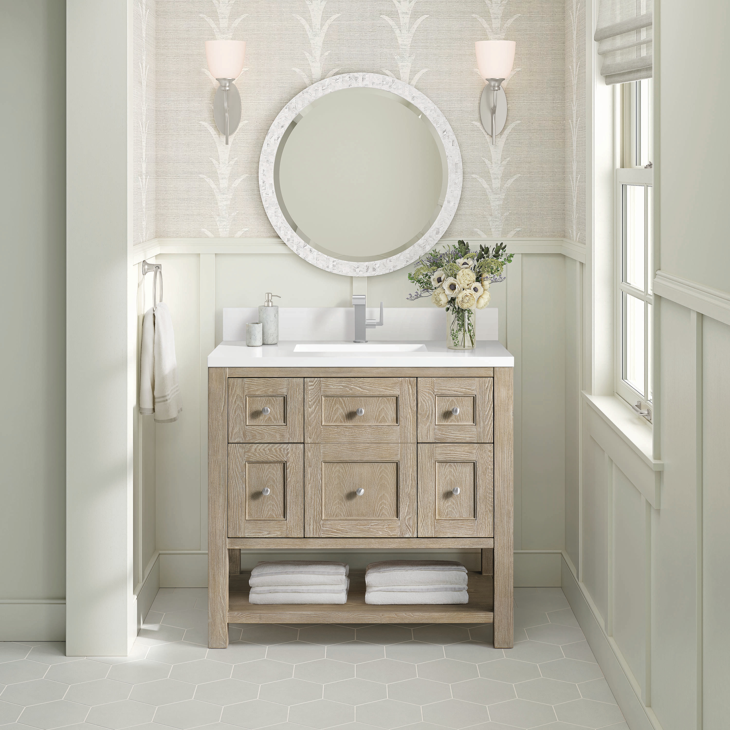 Breckenridge 36" Whitewashed Oak Single Vanity with Solid Surface Top
