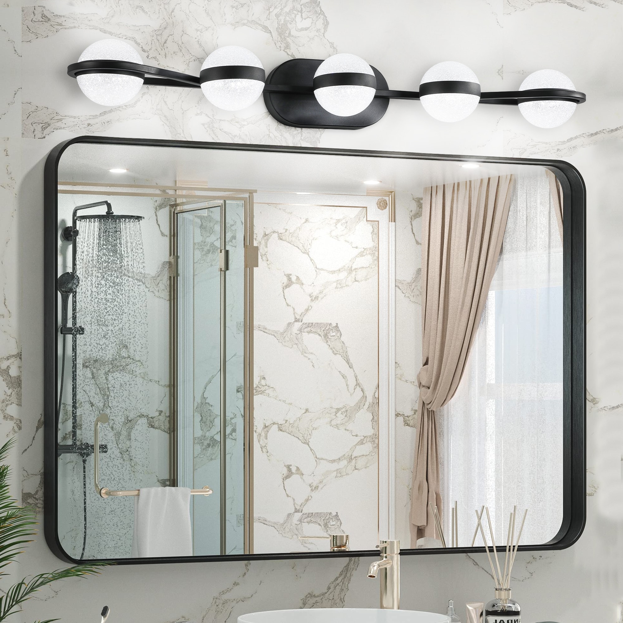 Huluwat 35-inch Modern Minimalist Bathroom Vanity Light LED 5 Bulb Crystal Sand Acrylic Shades Wall Mounted Decorative Lighting Fixture Suitable for Bathroom Vanity Mirror Black