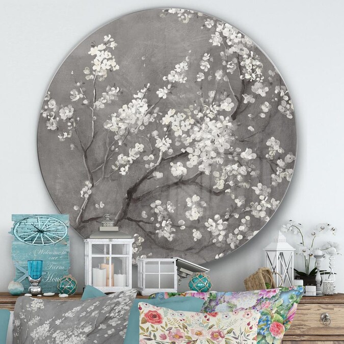 Designart White Cherry Blossoms I Farmhouse Metal Circle Wall Art In The Department At Com - Cherry Blossom Metal Wall Decor