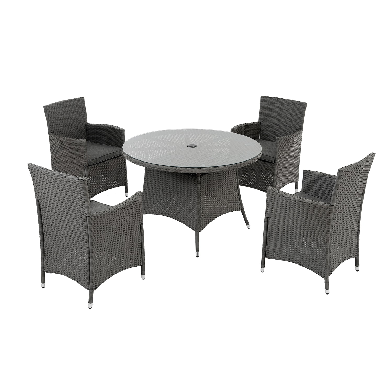 SINOFURN SYB670003GY 5 -Piece Gray Wicker Patio Dining Set Wicker Round Table with 4 Gray Cushions Stationary Chairs