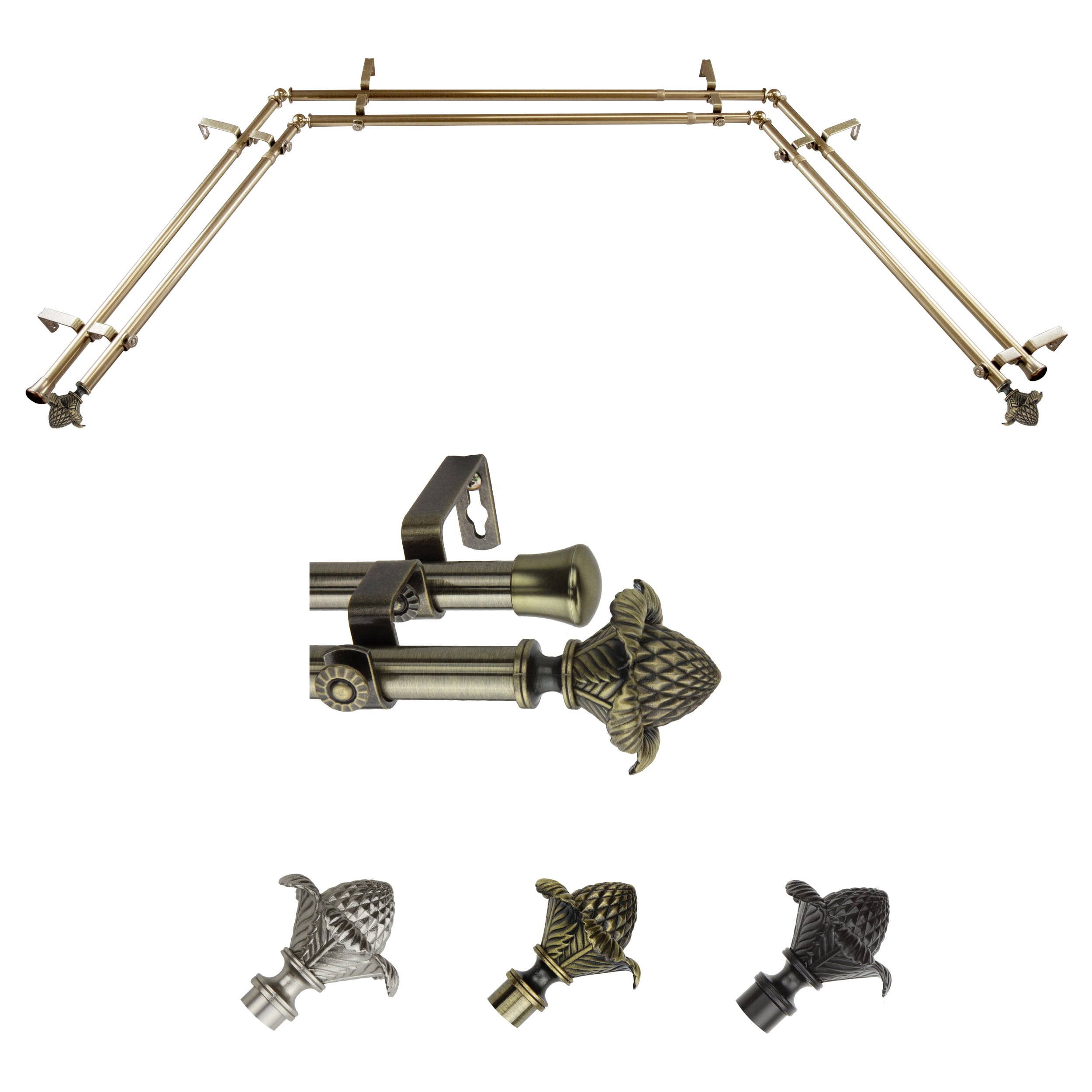 Hart & Harlow LO-ABAY-40-4D 72-in to 144-in Antique Brass Steel Bay window curtain rod with Finials