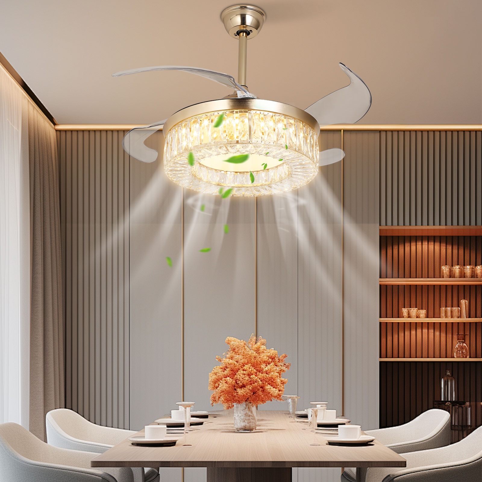 Oukaning JZUCOD-00260099 42-in Color-Changing Gold with ABS Blades Chandelier Ceiling Fan With Light and Remote ( 4 -Blade )