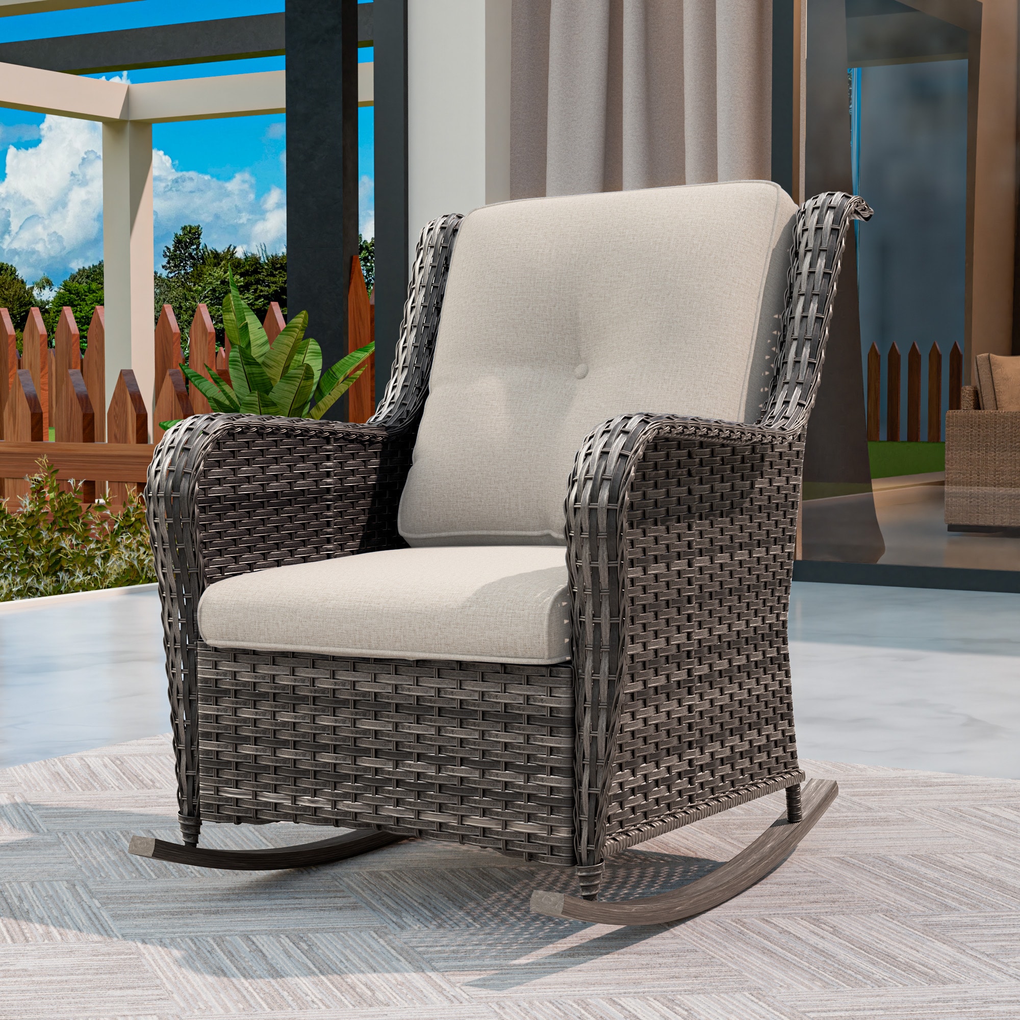 Gardenbee HGL-M04-BGE Wicker Brown Steel Frame Stationary Chaise Lounge Chair with Beige Cushioned Seat