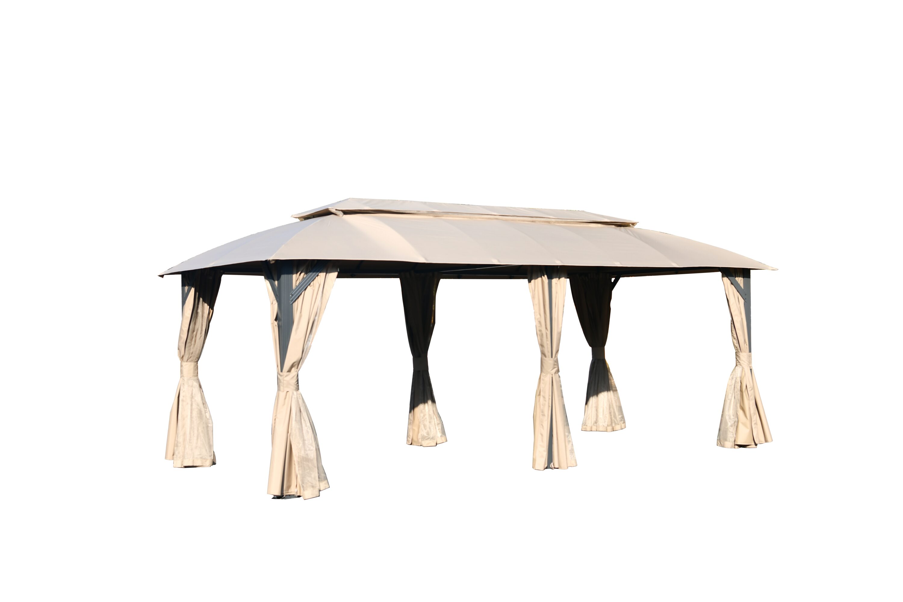 GDFStudio 333985 Gazebo 10x20ft Double Roof Metal Frame with Privacy Curtains and Netting for Backyard Patio Brown