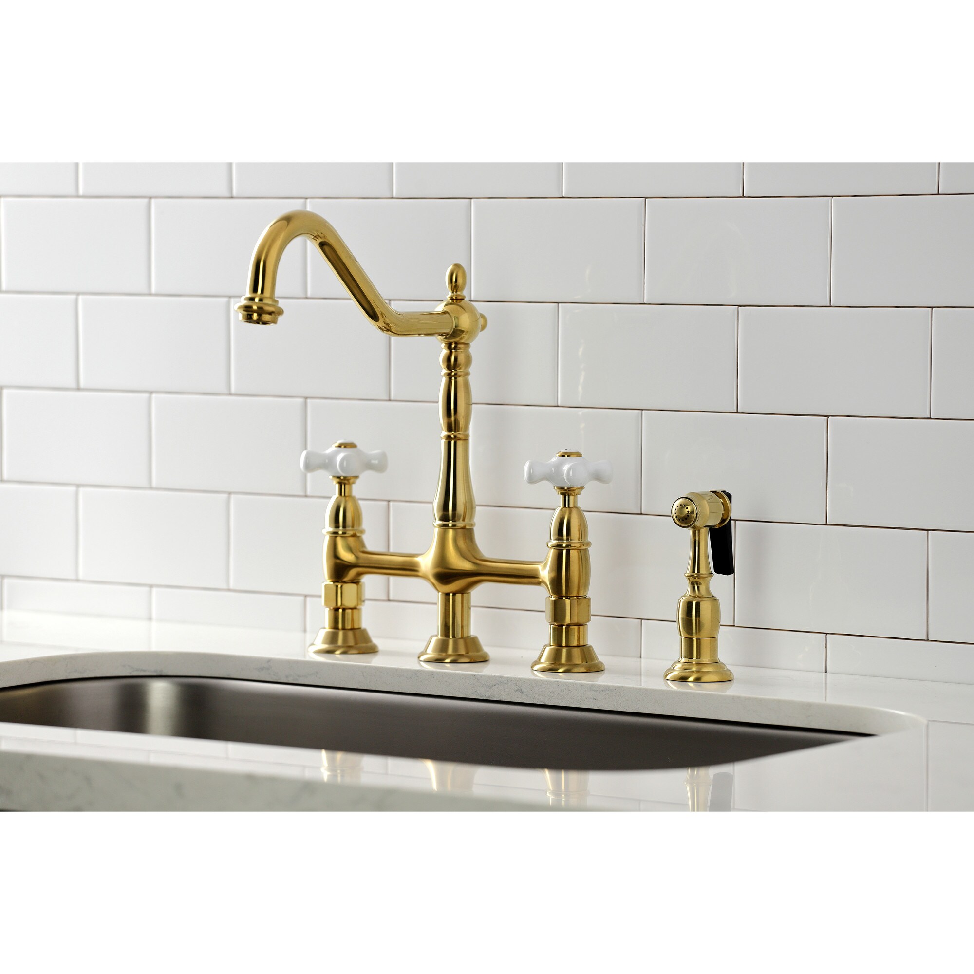 Heritage Brushed Brass Double Handle Bridge Kitchen Faucet with Side Sprayer