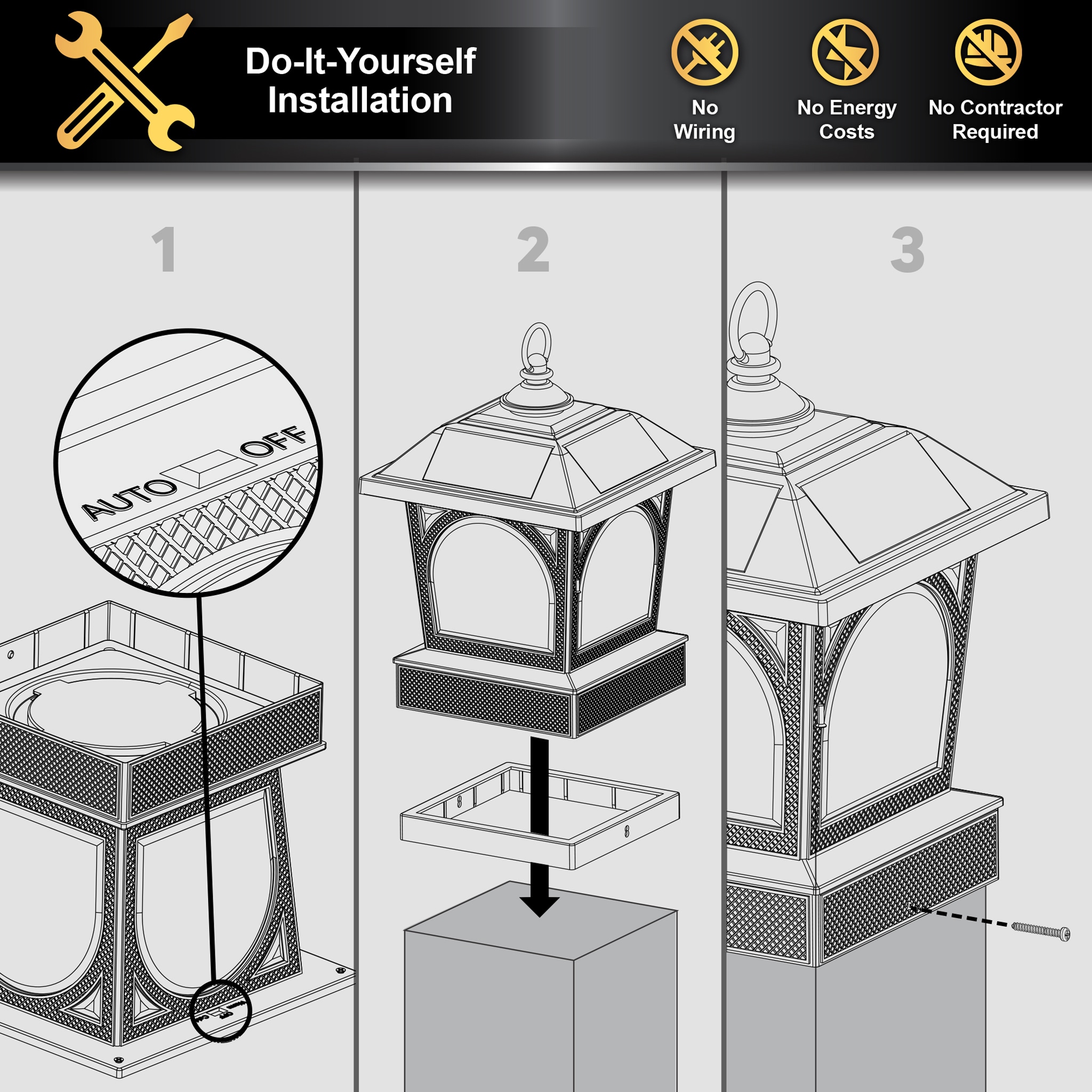 Black Aluminum LED Solar Post Cap Lantern