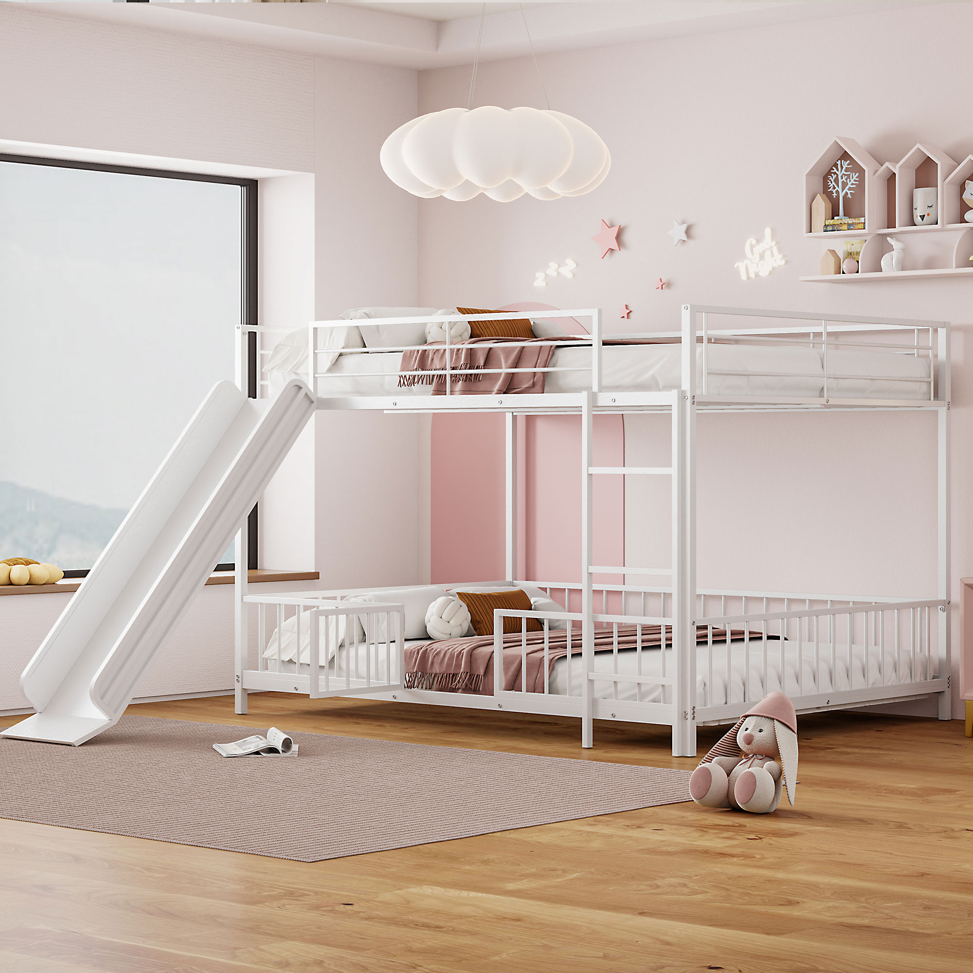 ModernLuxe L3P-SF000170AAK Full over Full Size Metal Bunk Bed with Slide and Guardrails White