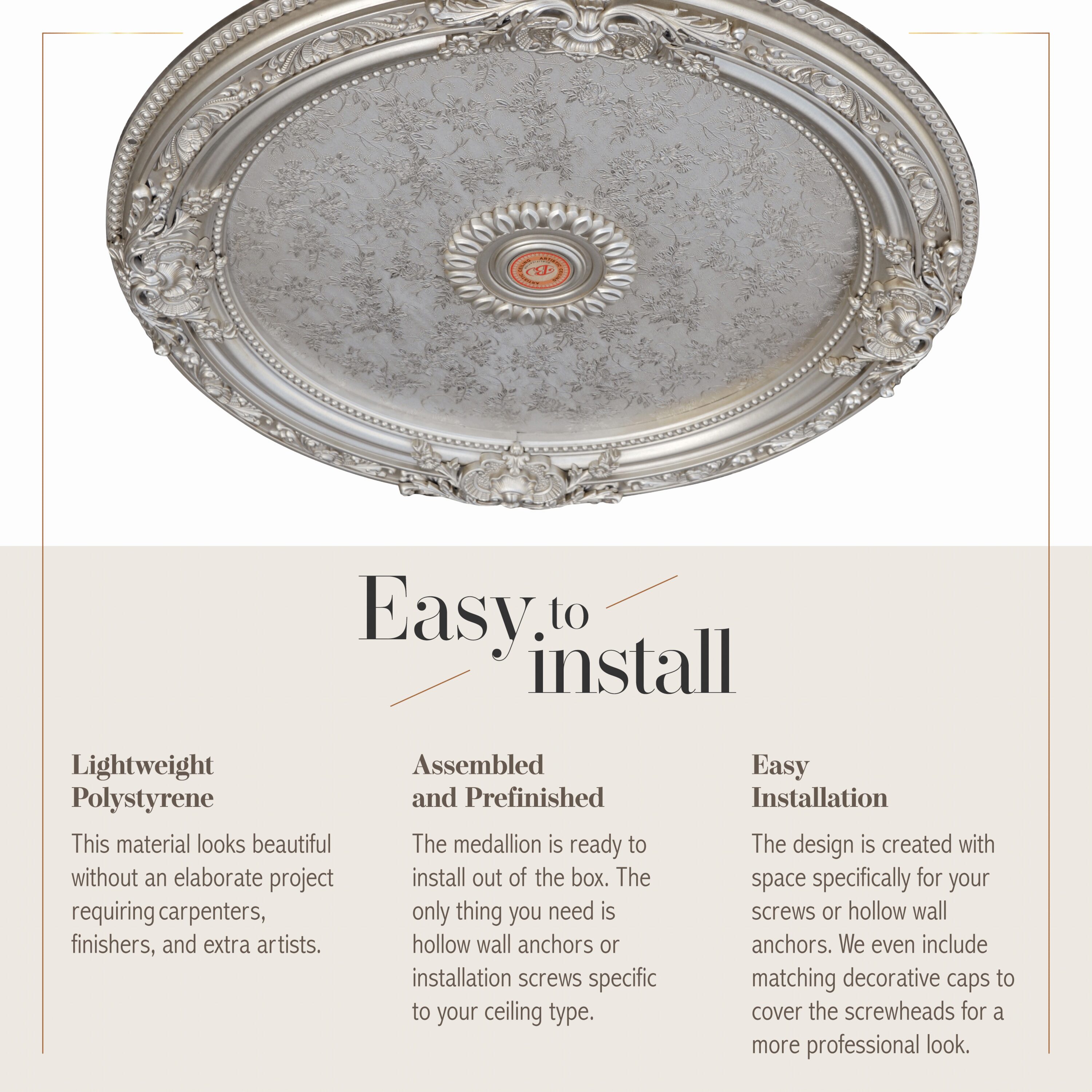 Antique Silver Round Chandelier Ceiling Medallion with Floral Design, 36 Inches