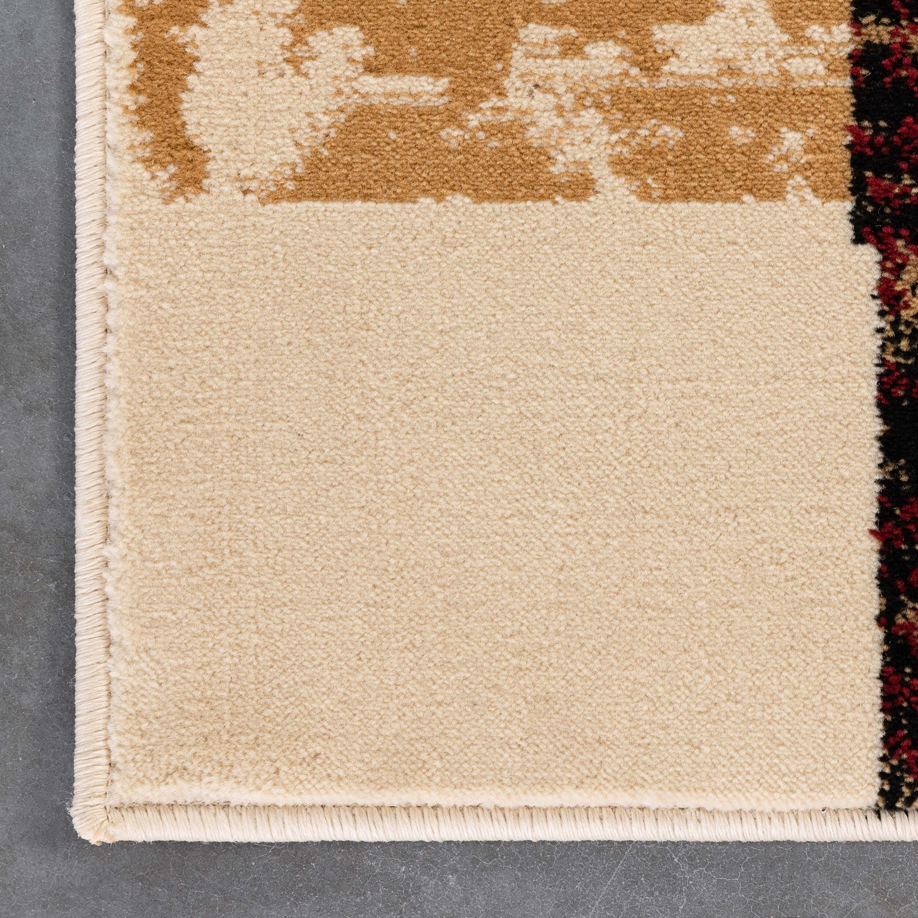 Ivory and Red Geometric Synthetic Rectangular Area Rug 3'11" x 5'3"
