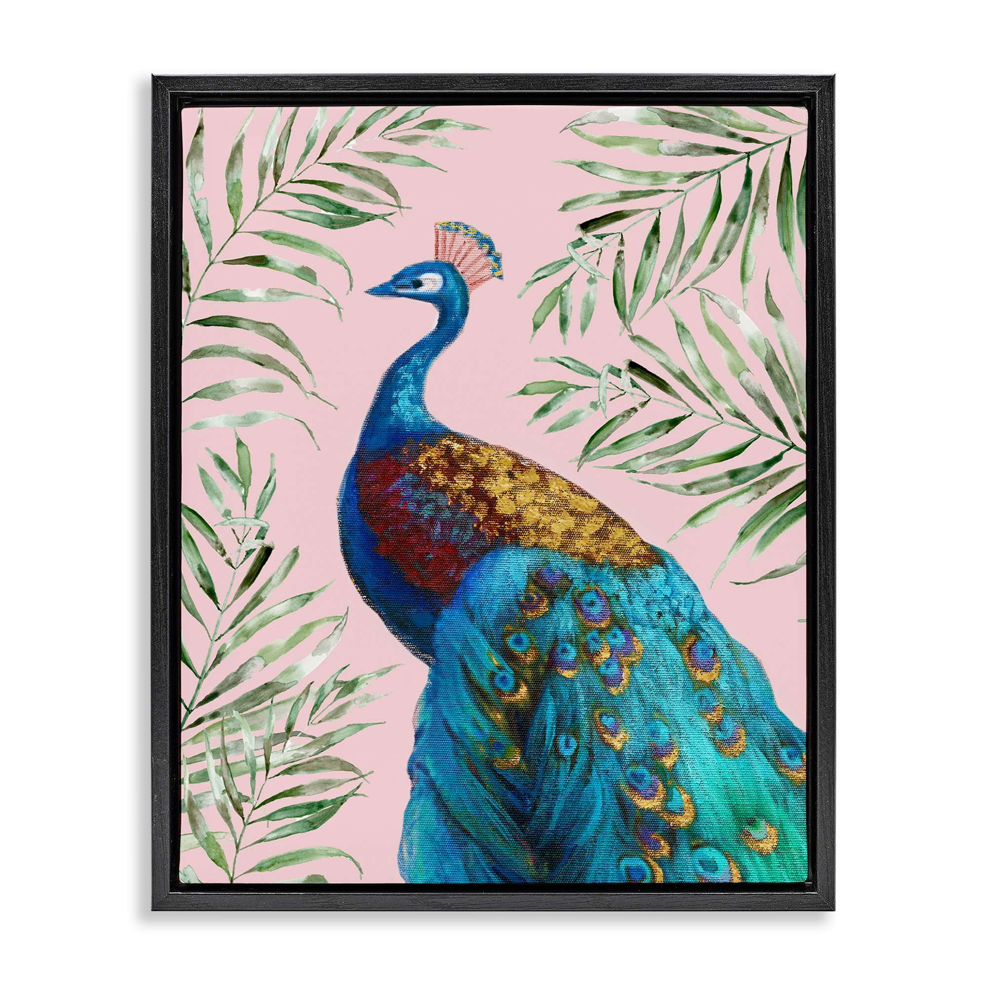 Stupell Industries BT-980-FFB-16X20 Elegant Peacock and Palm Sprigs Black Framed Floater Canvas Wall Art By Nan 17 x 21
