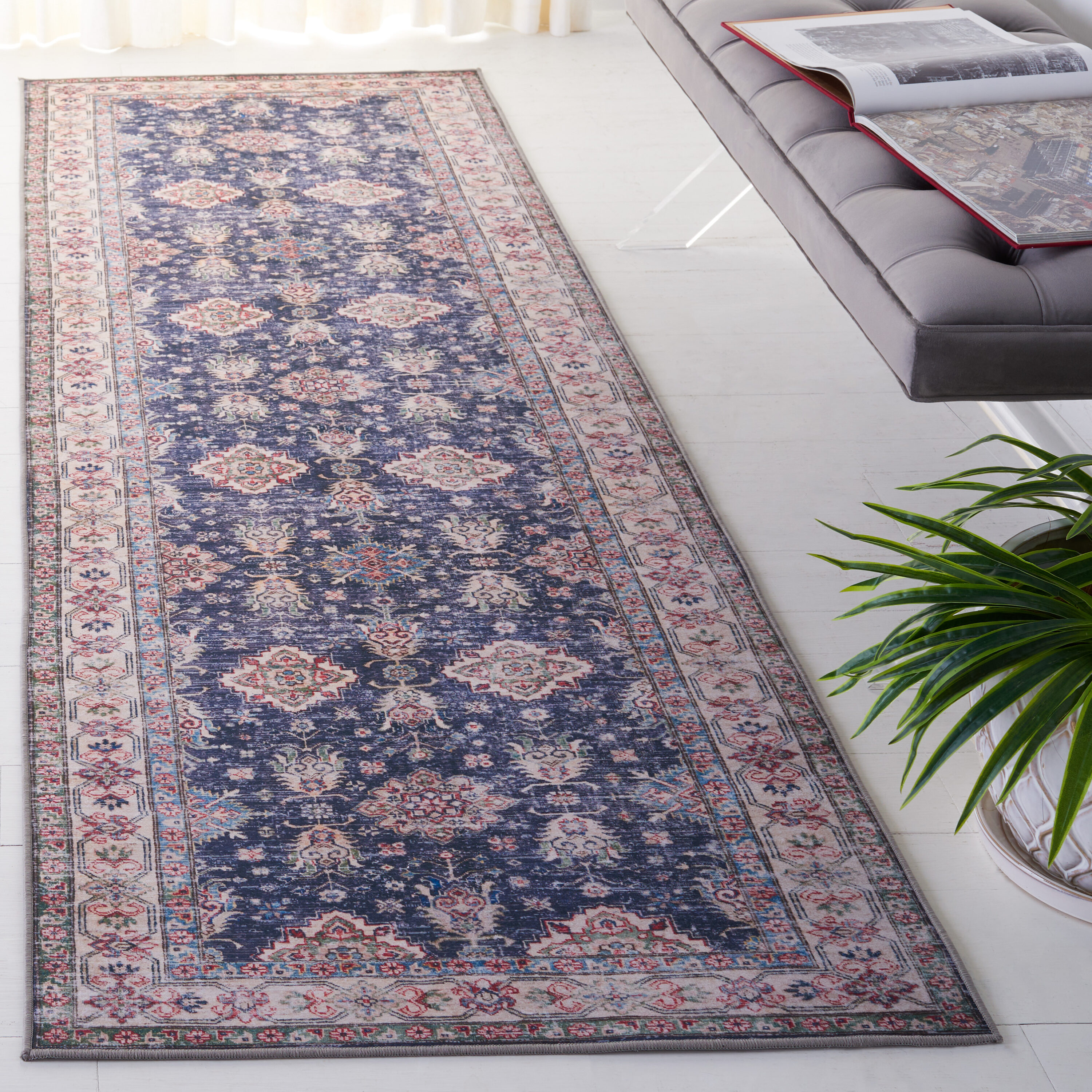 Safavieh TSN196N-28 Tucson 3 x 8 (ft) Loomed Polyester Navy/Beige Rectangular Indoor Border Machine washable Runner rug