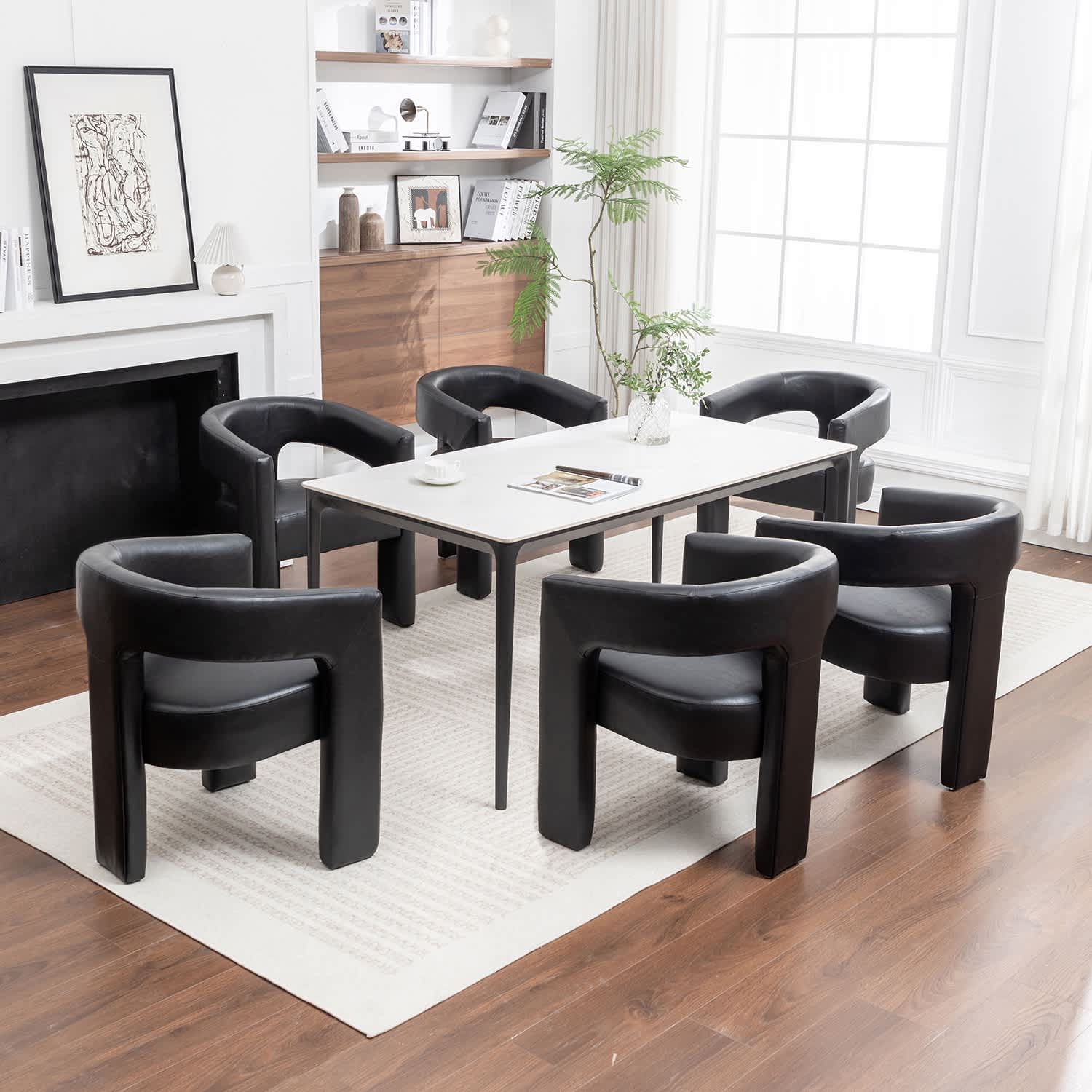 SEYNAR CE709-BLACK-S6 Modern Glam PU Leather Upholstered Dining Chair Open Back Accent Chair Set of 2