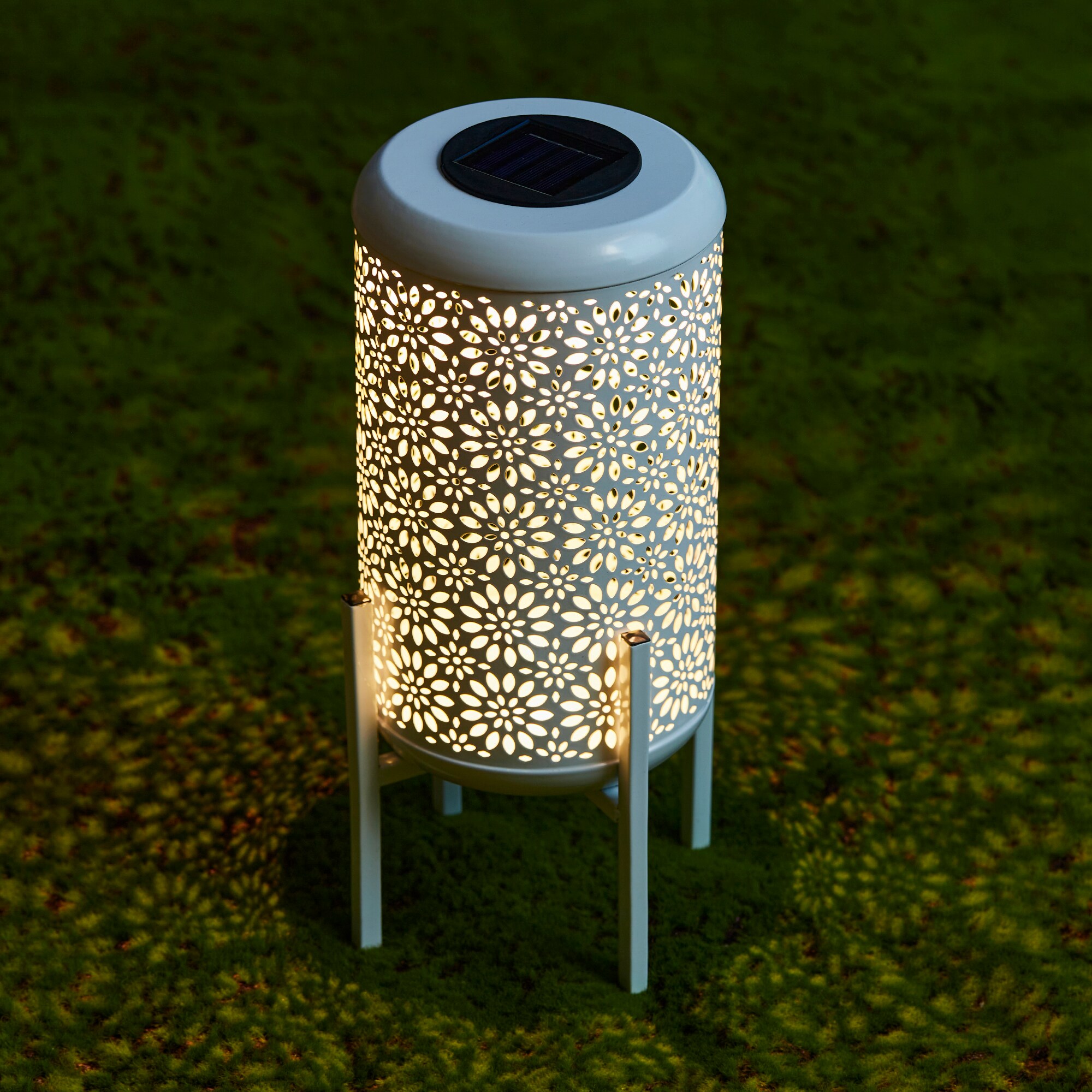 14.25" White Metal Floral Motif Outdoor Lantern