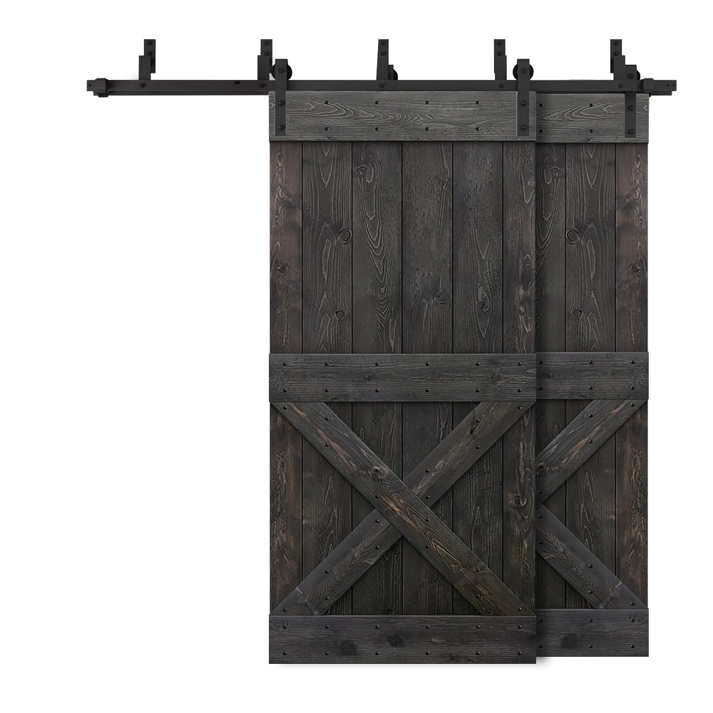 CALHOME 5XBP+S72+(2)011-36DT 72-in x 84-in Charcoal Black Knotty pine Wood Solid core Double Bypass Barn Door (Hardware Included)
