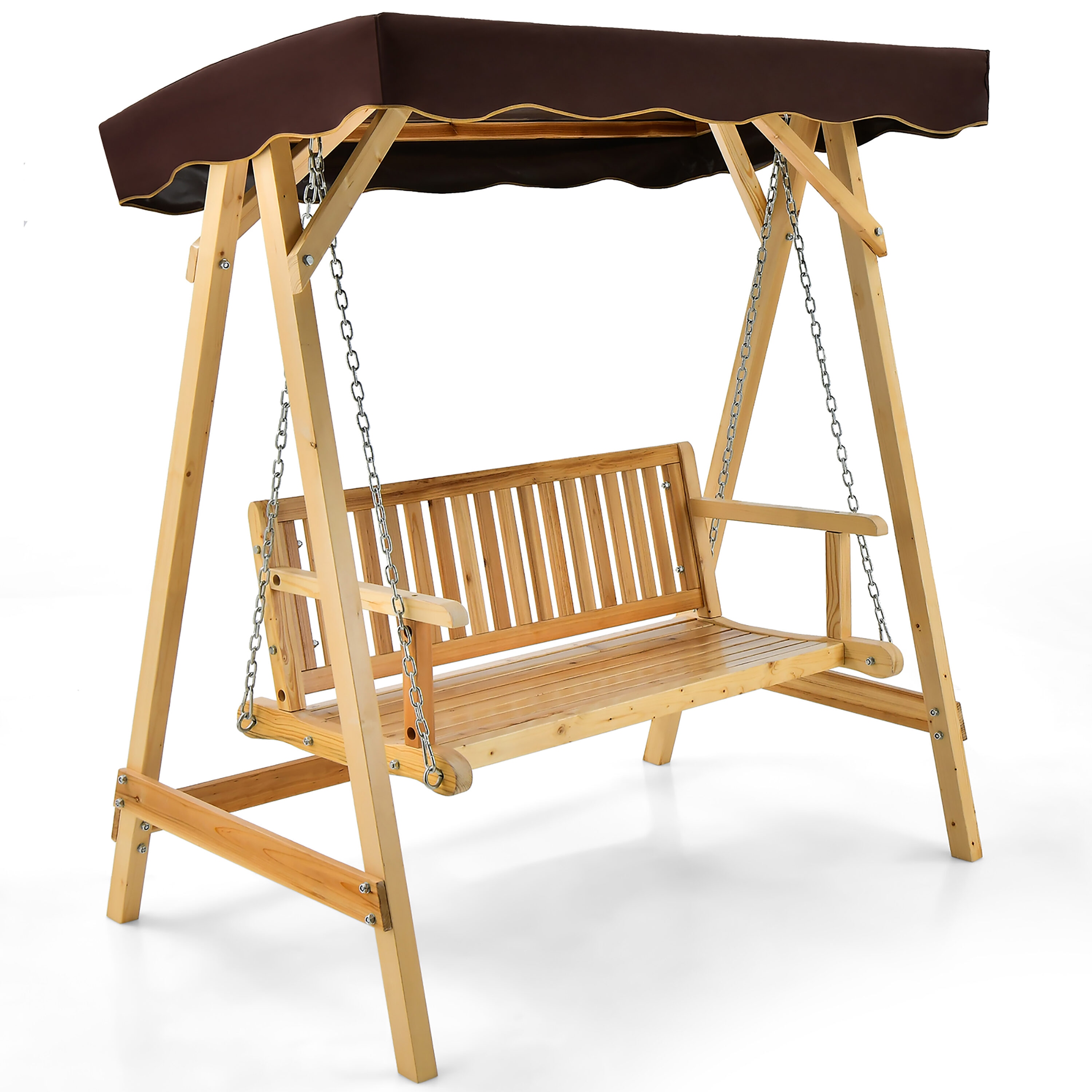 Goplus 1 person Natural Wood Outdoor Glider in the Porch Swings