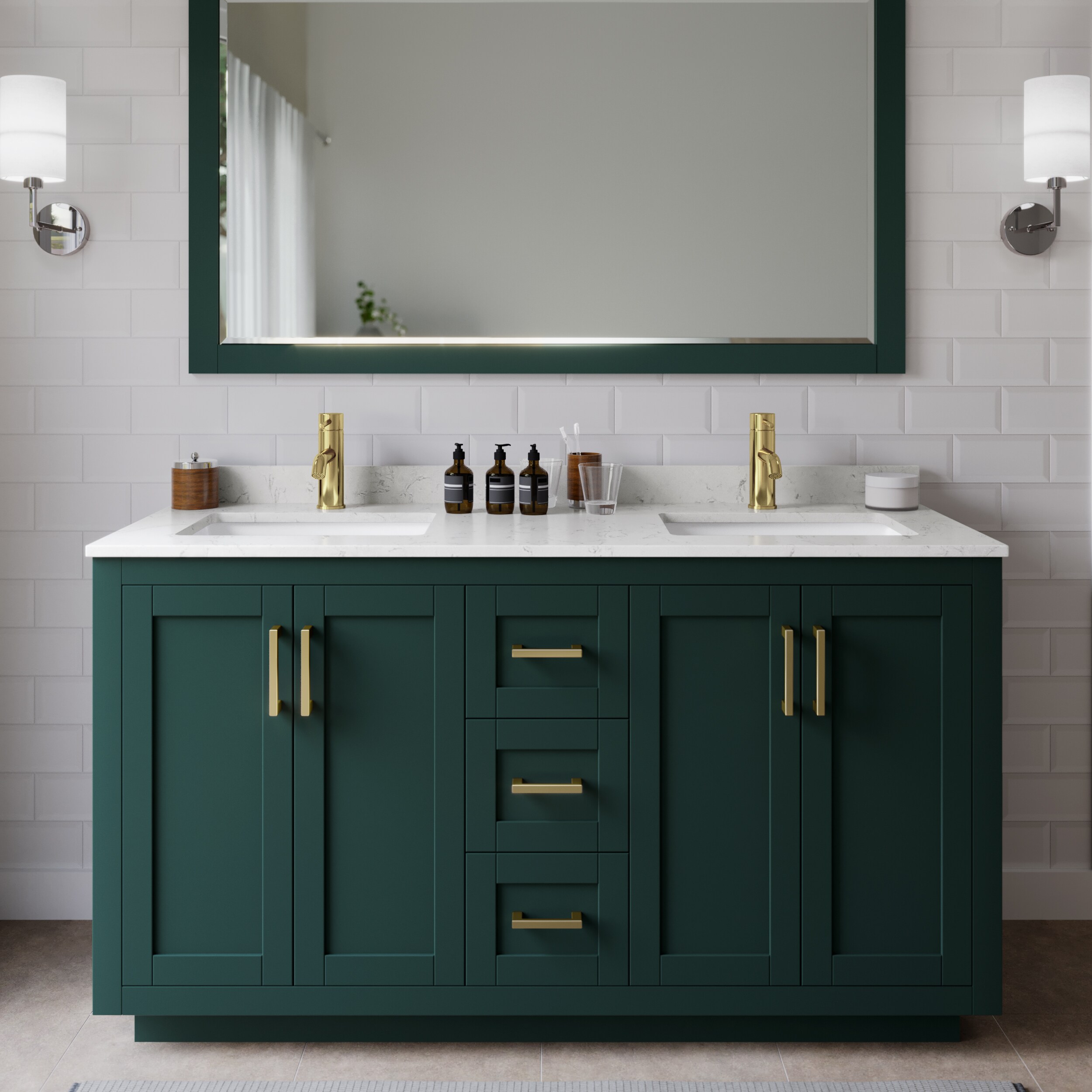 Wyndham Collection WCF292960DGDC2UNSMXX Miranda 60-in Green with Brushed Gold Trim Undermount Double sink Bathroom Vanity with Carrara Cultured Marble Cultured marble Top