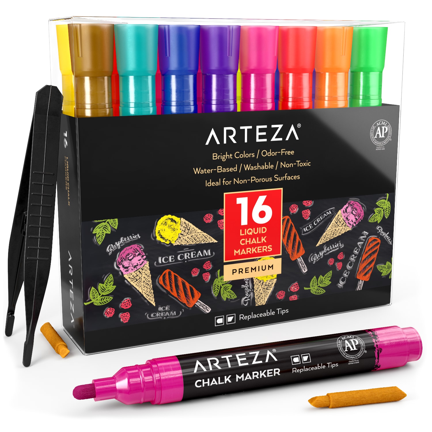 ARTEZA Arteza Non-toxic Liquid Chalk Paint Markers, Bright Colors, For  Chalk Board, Set Includes Replaceable Tips, Water-based, Tweezers, 50  Labels, and 2 Stencils- 16 Pack at