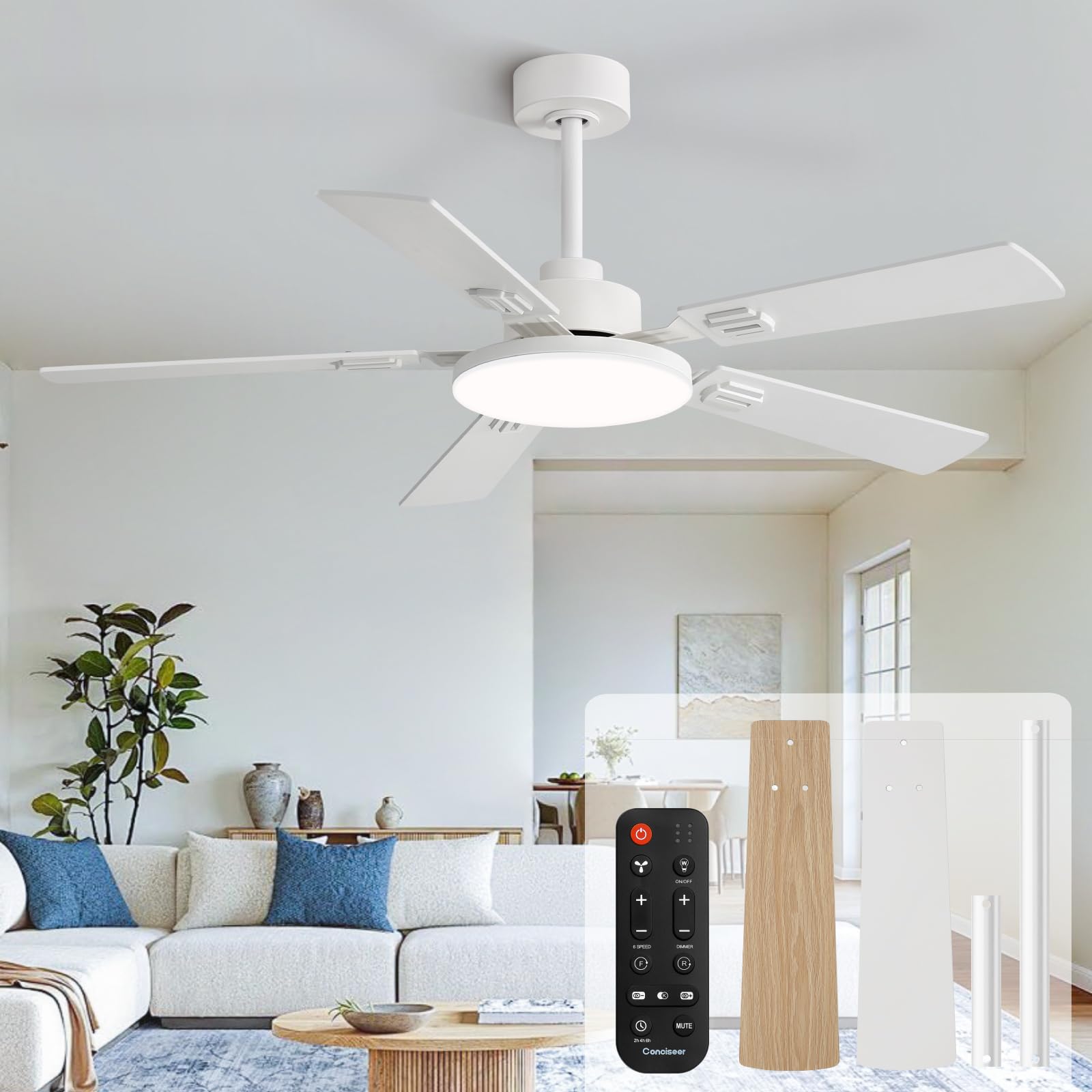 U Brands 52 Inch Ceiling Fans with Lights and Remote for Bedroom Living Room Kitchen Office.Indoor Outdoor Use. 6CCT Dimmable.5 Blades.6 Speed Reversible Quiet DC Motor.White Wood Grain