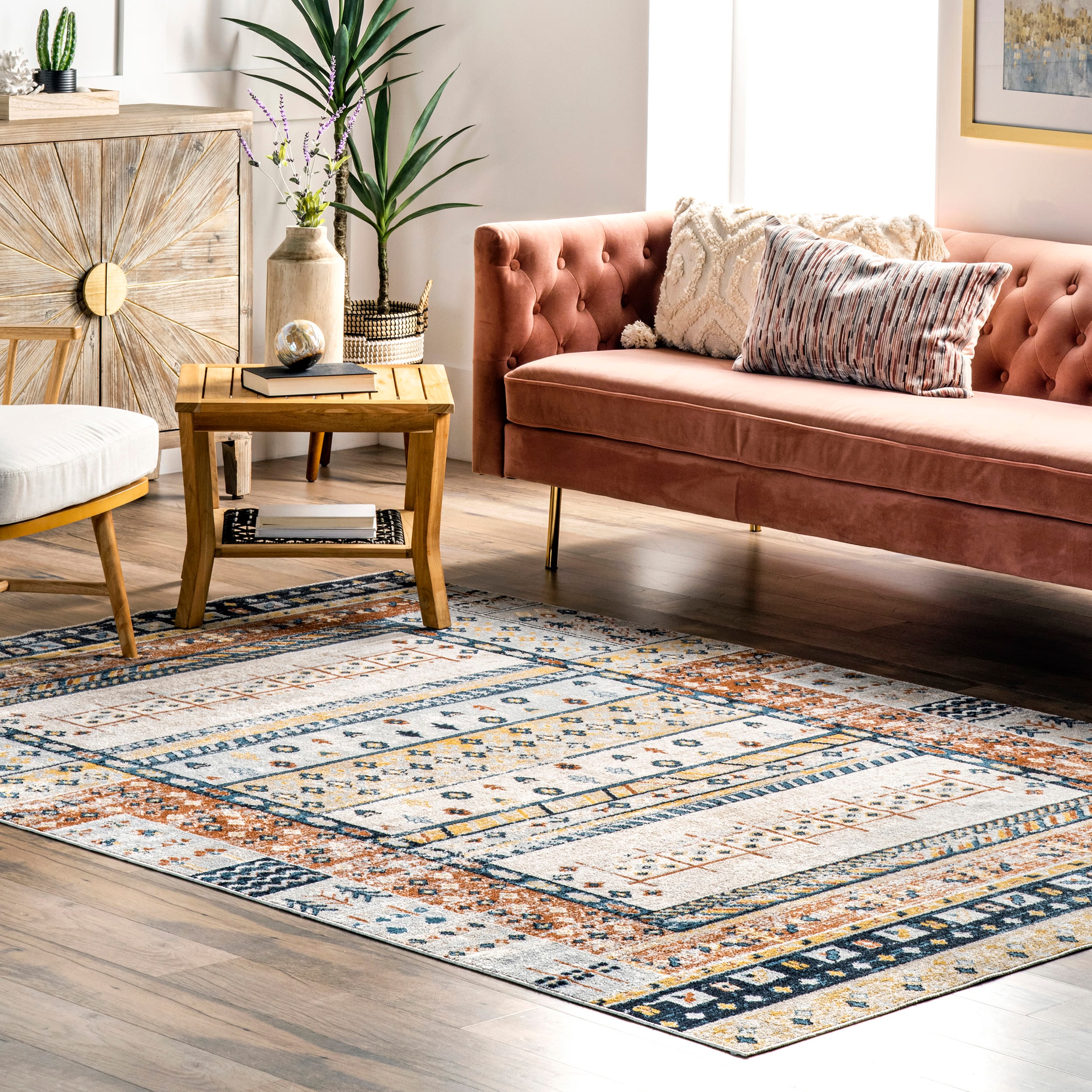 Shannon Beige and Multicolor Geometric Washable Area Rug 5' x 7'
