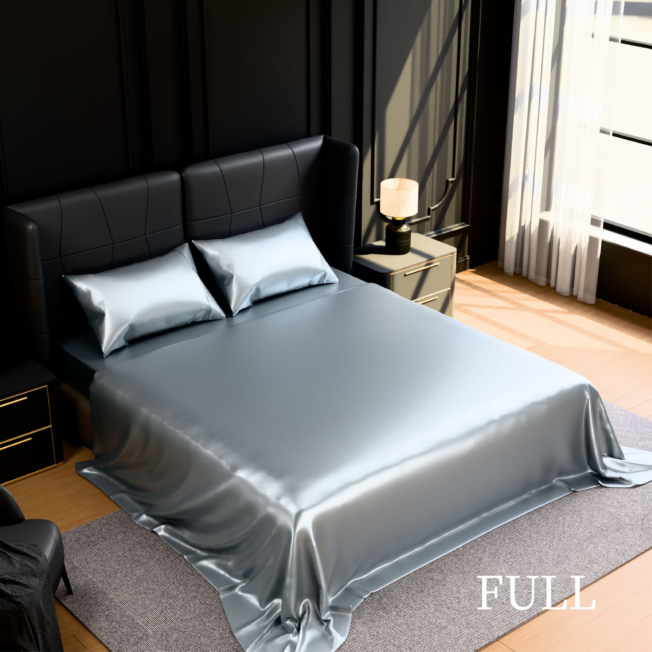 OOU Satin Bed Sheets Set 4 Piece Full Size Silky Bedding Set with 15 Inch Deep Pockets for Mattress Grey