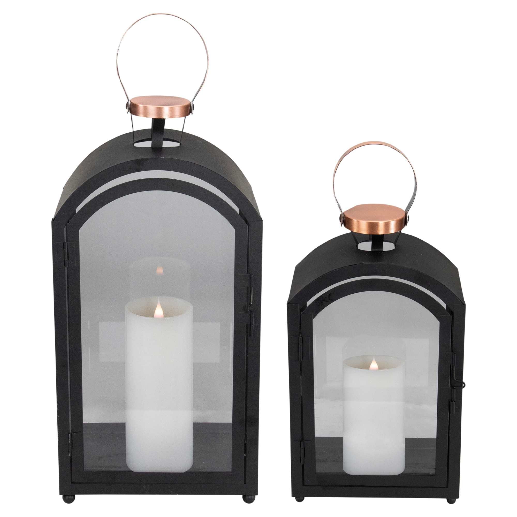 Melrose International - Set of 2 Black Metal Dome Lanterns with Copper Handle 20 inch