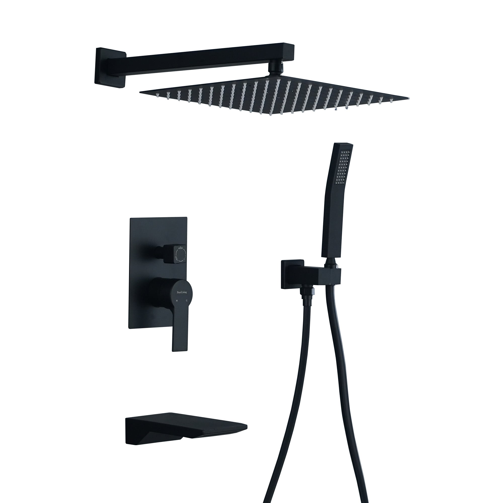 Clihome SMD-88016B-12 Black 12-Inches Waterfall Dual Head Built-In Shower Faucet System with 2-way Diverter ( Pressure-balanced Valve Included )