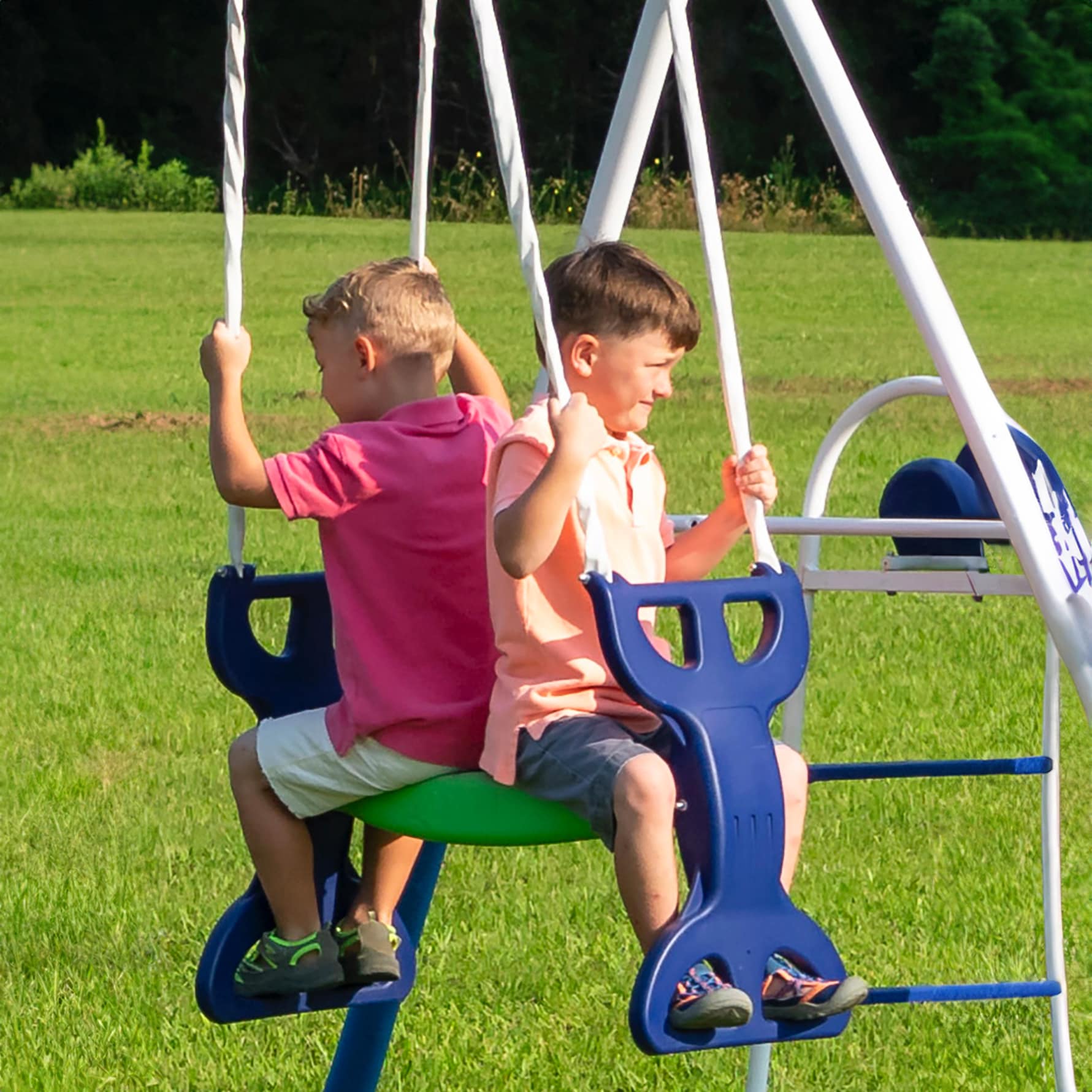Blue and Green Metal Swing Set with Slide for 7 Kids