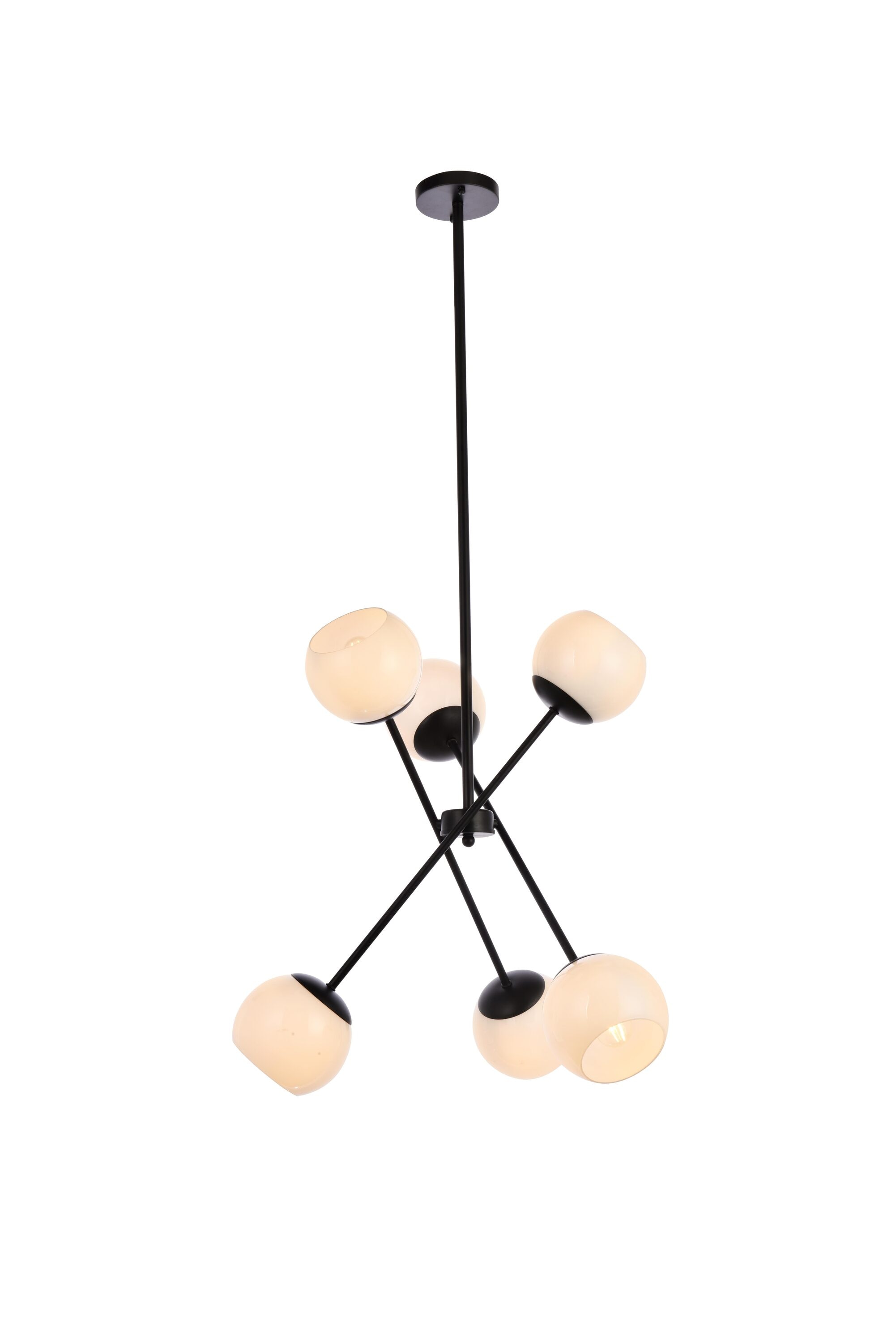 Sleek Zigzag 6-Light Sputnik Chandelier with Black Iron and White Glass