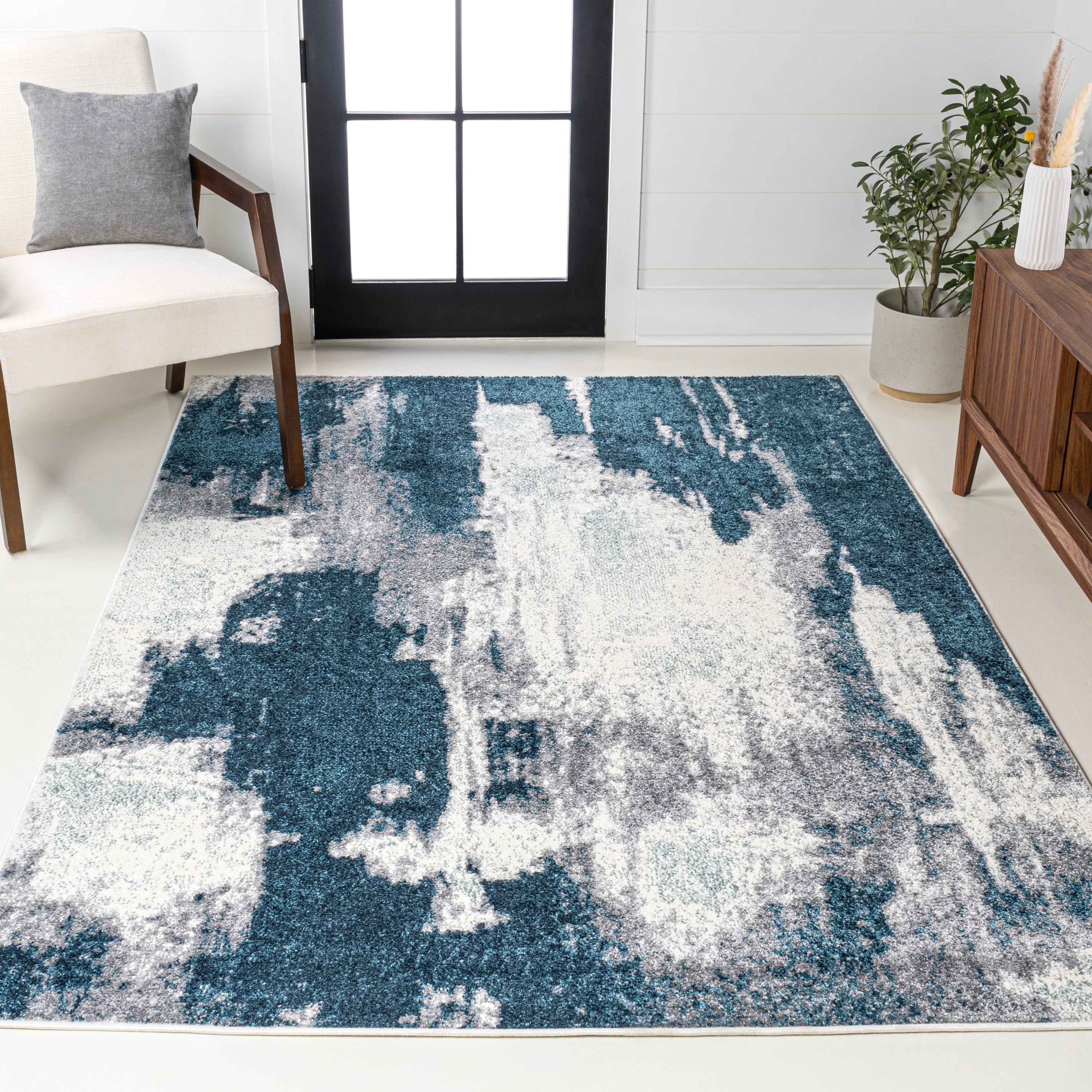 JONATHAN  Y SEU302A-4 SUPERSOFT Zoe Abstract Marble 4 x 6 (ft) Loomed Polypropylene Navy/White Rectangular Indoor Abstract Bohemian/Eclectic Area rug