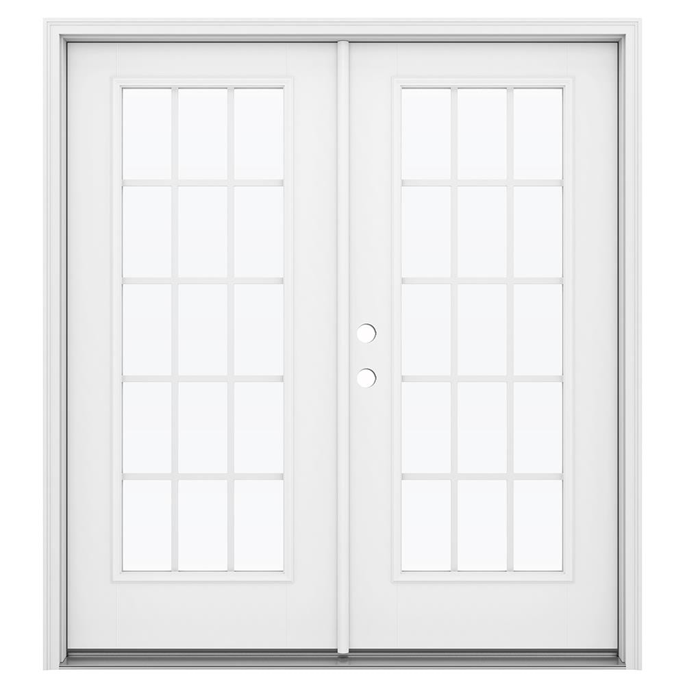 JELD-WEN LOWOLJW184100152 F-3500 72-in x 80-in x 4-9/16-in Jamb Primed Fiberglass Right-hand inswing French Patio Door with Low-E Glass with Grilles (Brickmould Included)