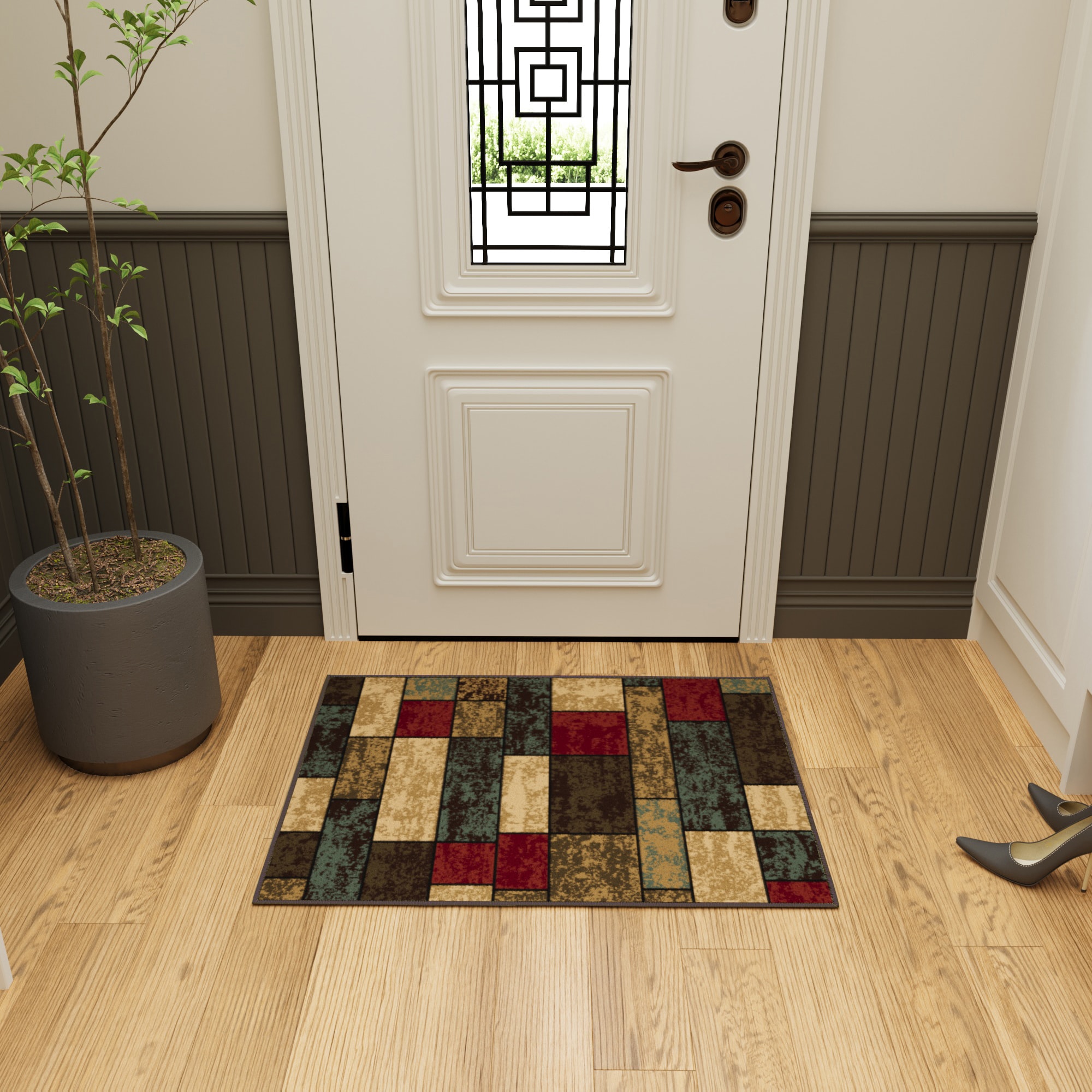 Ottomanson CLS3309-2X3 Non-Slip Entryway Rug 2 x 3 (ft) Loomed Multicolor Green Rectangular Indoor Geometric Pet Friendly Area rug