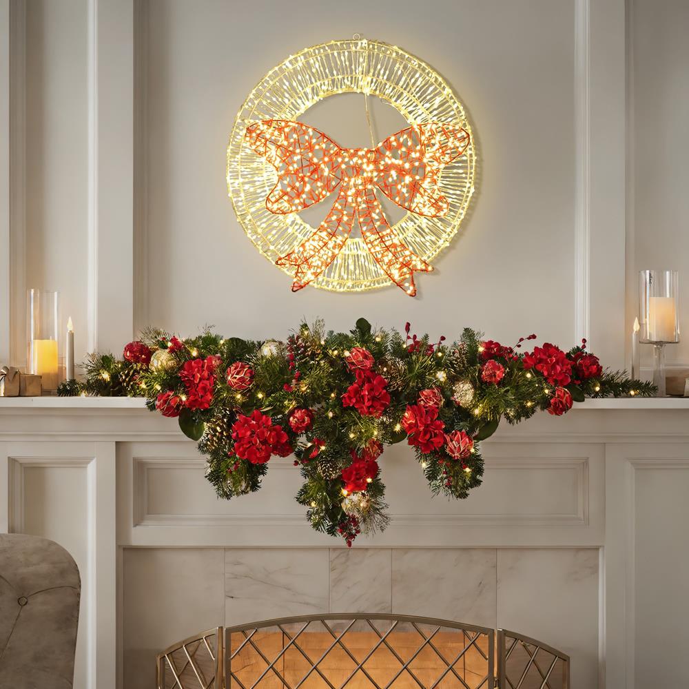 1.6-Foot Gold LED Christmas Wreath with Red Light Bow