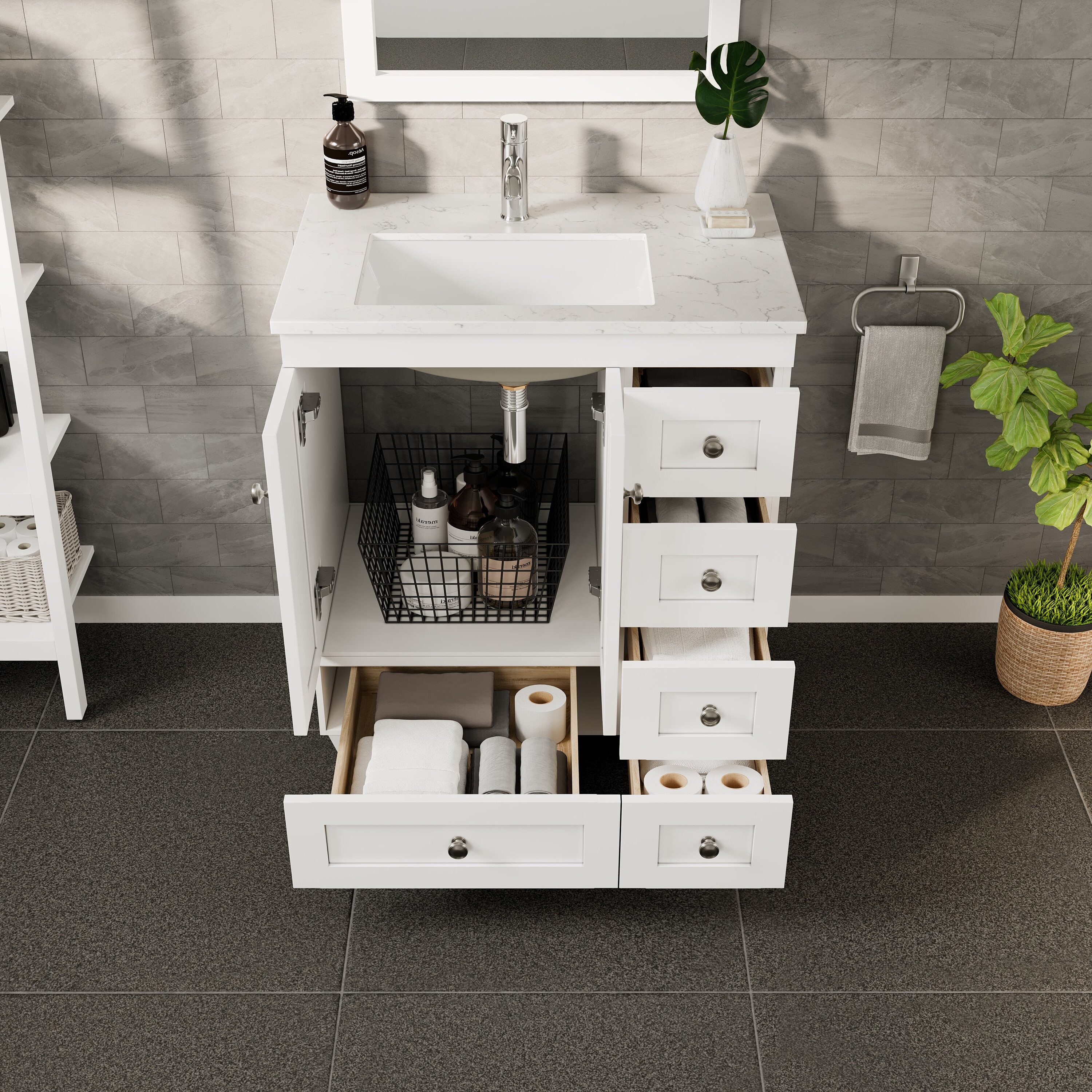 White Solid Wood 28 Inch Freestanding Bathroom Vanity with Porcelain Sink