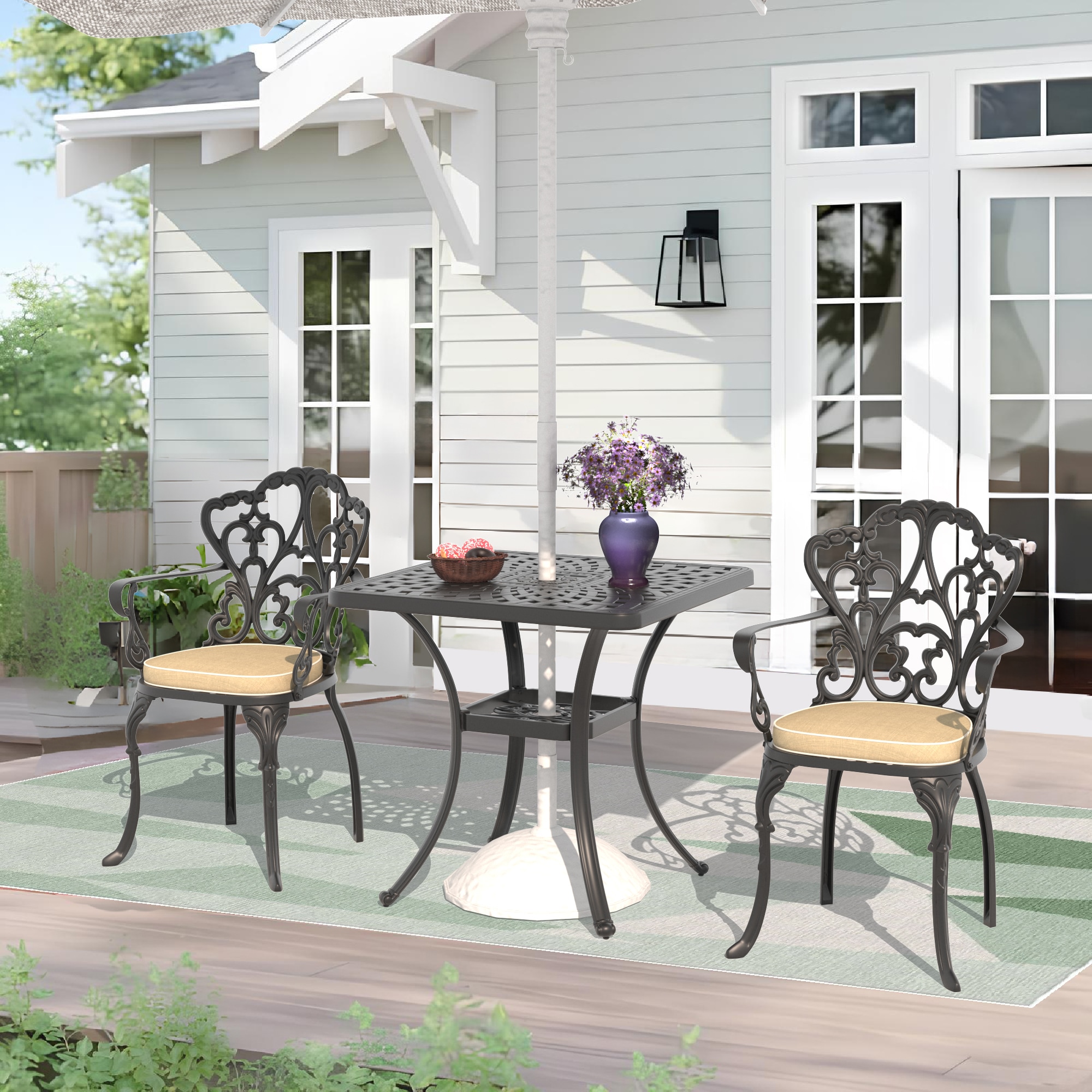 nicesure SLBK6047CZ2A1125RC 3 -Piece Black Patio Dining Set Aluminum Square Table with 2 Cushions Stationary Chairs