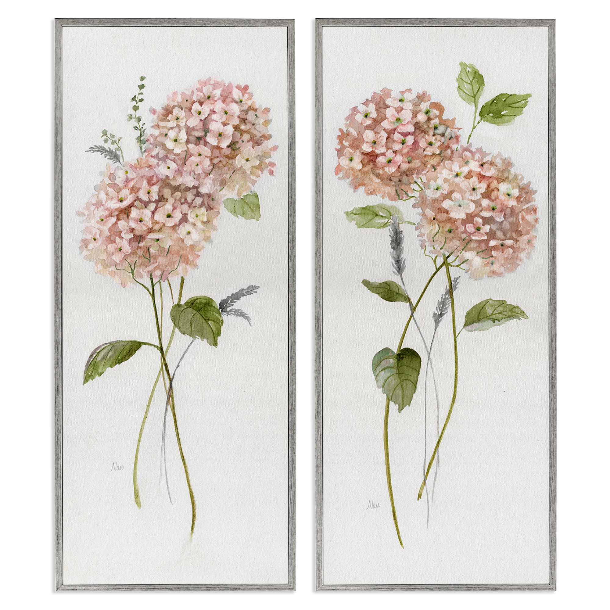 Stupell Industries B2-732-GFF-2PC-13X30 Pink Hydrangea Sprigs 2 Piece Gray Framed Giclee Art Set By Nan 13 x 30