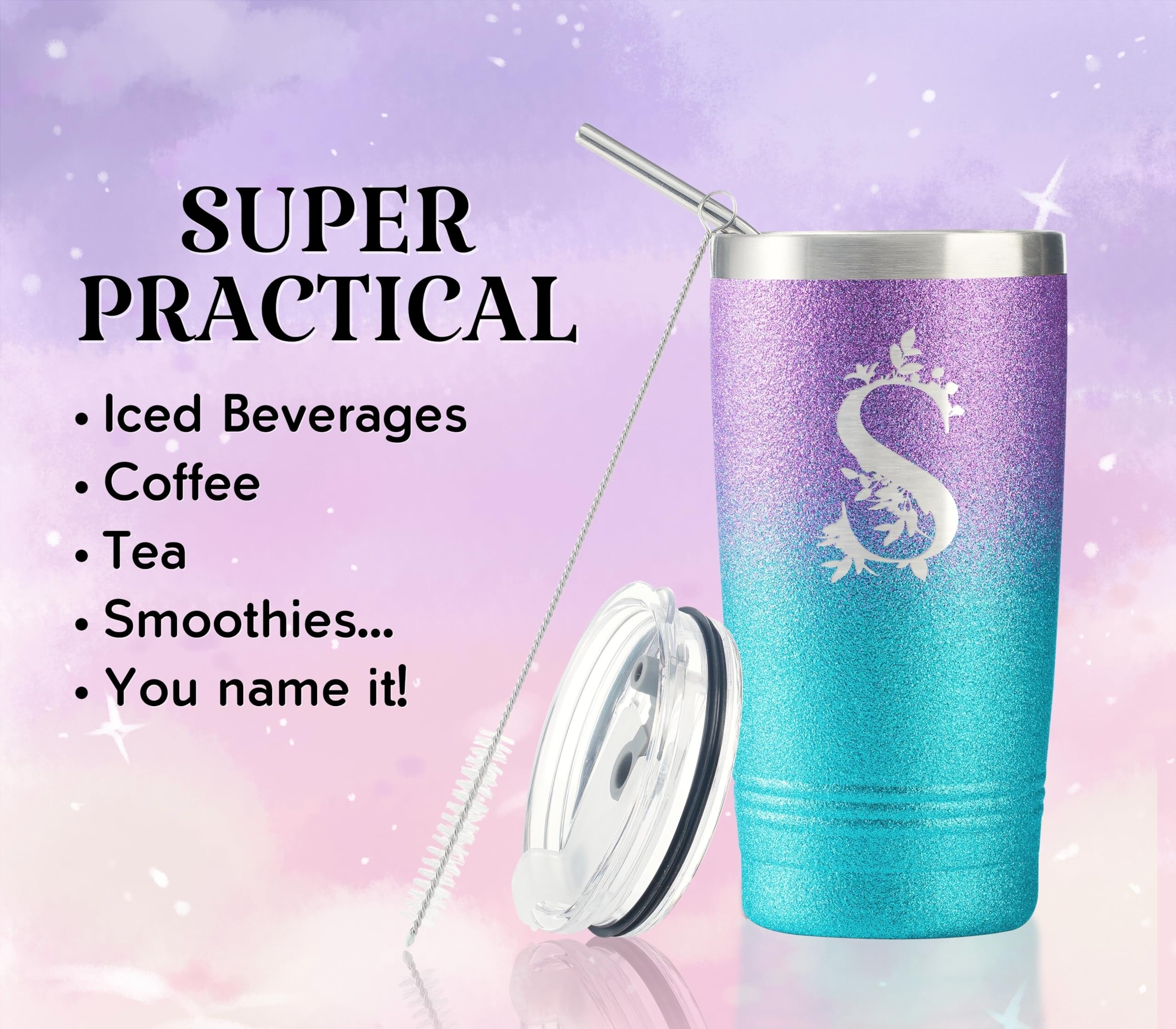 Aoibox  Personalized Purple Tumblers with Lids and Straws for Women Monogrammed Travel Mug with Initials