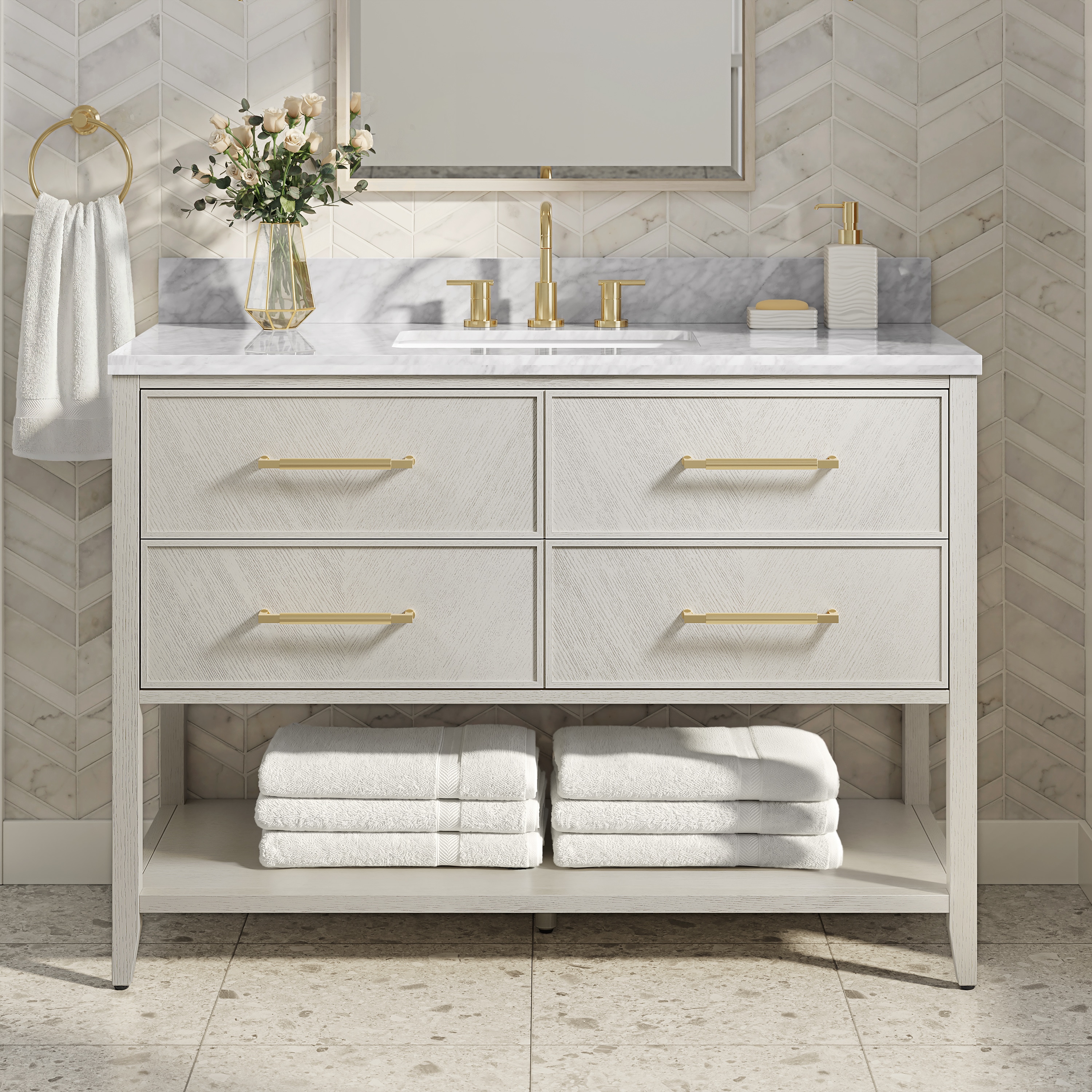 Origin 21 - Faye 48-in Rustic Linen Oak Undermount Single Sink Bathroom Vanity with Carrara Natur...