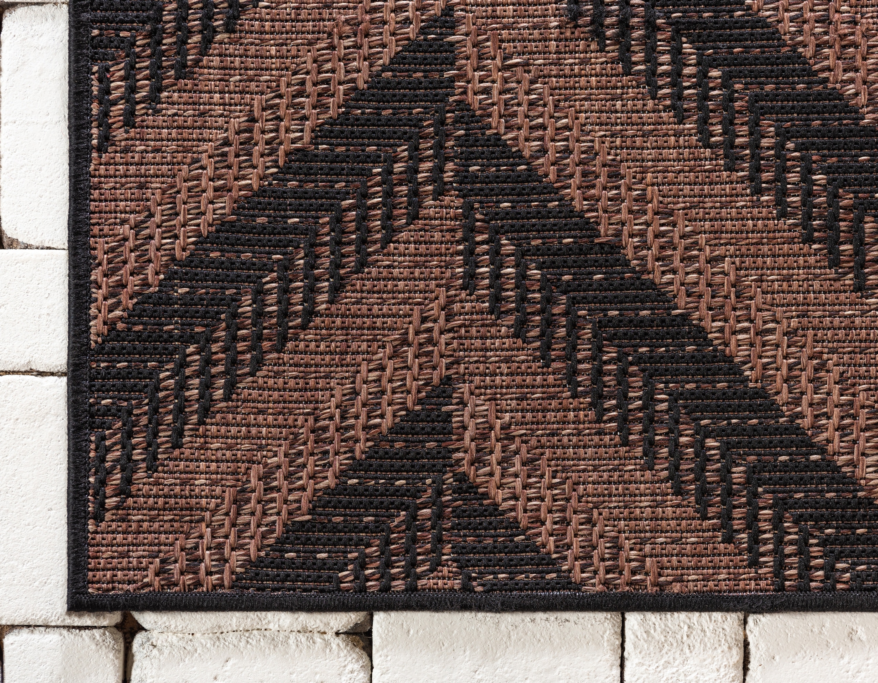 Chevron Pattern Black and Brown Synthetic Outdoor Area Rug