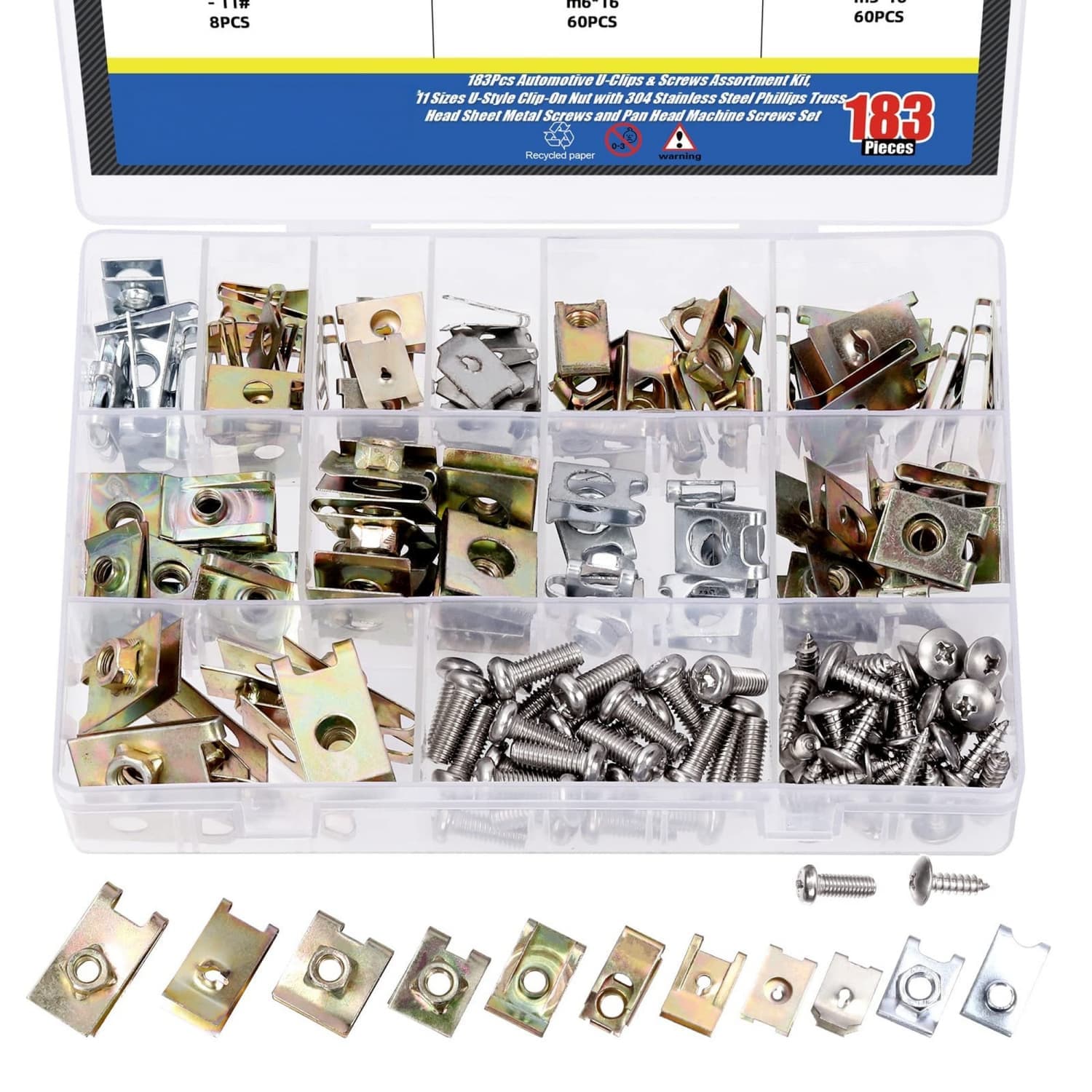 OGETFUUR U-Clips Automotive Fastener Kit 183PCS 11 Sizes Zinc Carbon Steel with 304 Stainless Screws for Engine Fender Bumper Trim Corrosion-Resistant