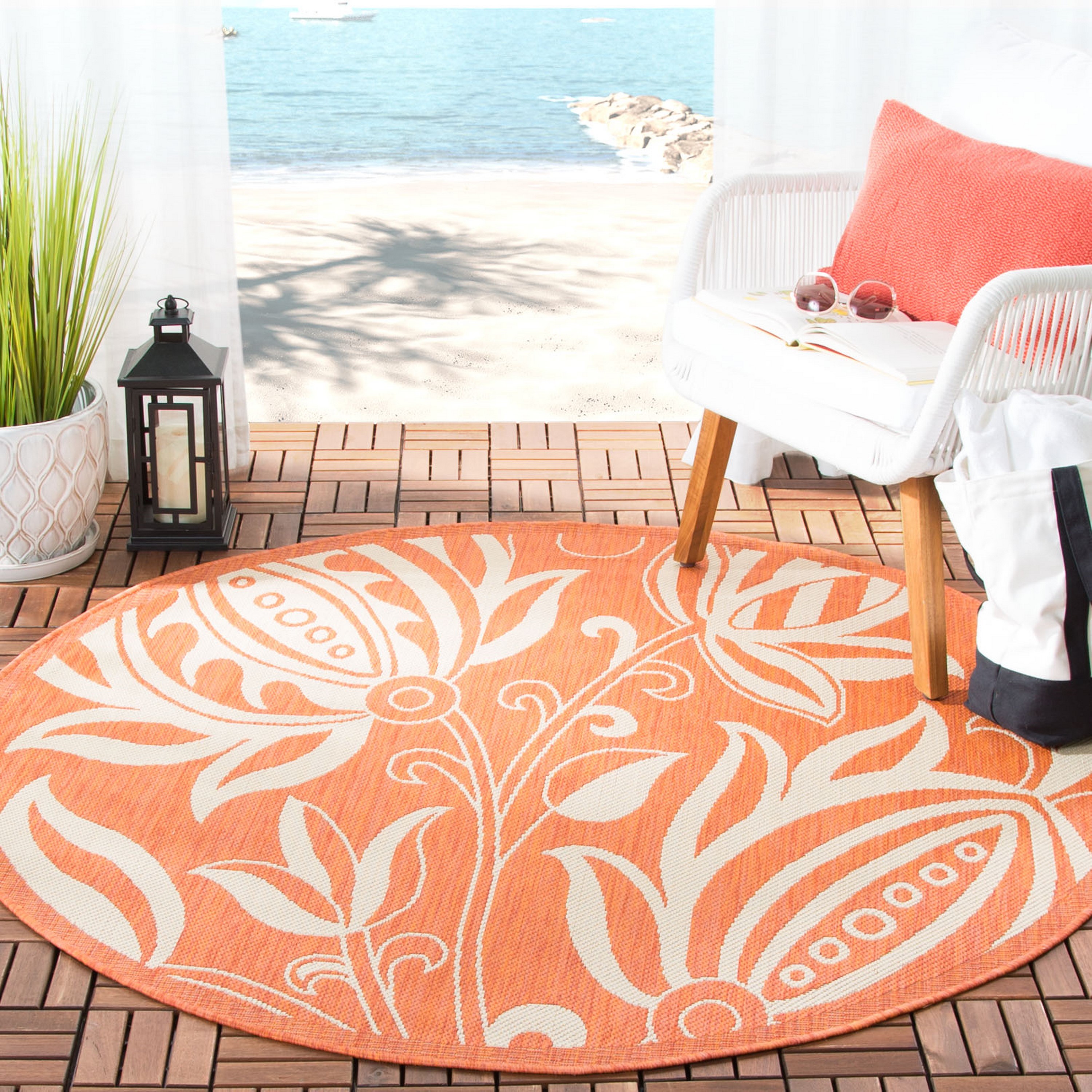 Safavieh CY2961-3202-7R Courtyard Blossums 7 x 7 (ft) Loomed Polypropylene Terracotta/Natural Round Indoor/Outdoor Floral/Botanical Coastal Area rug