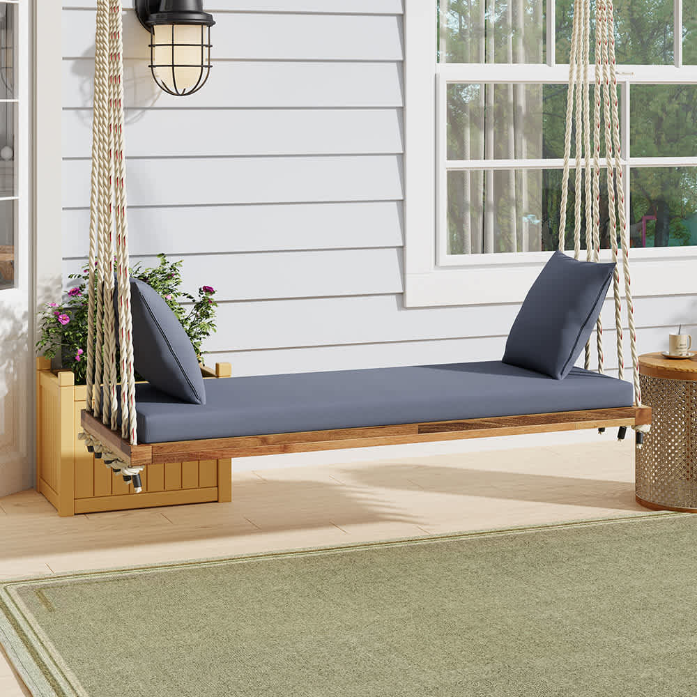 JUJABU SWCHAIR-6 Natural Hanging Porch Swing Bench with Cushion and Pillows 10.6 Ft Hemp Ropes for Garden