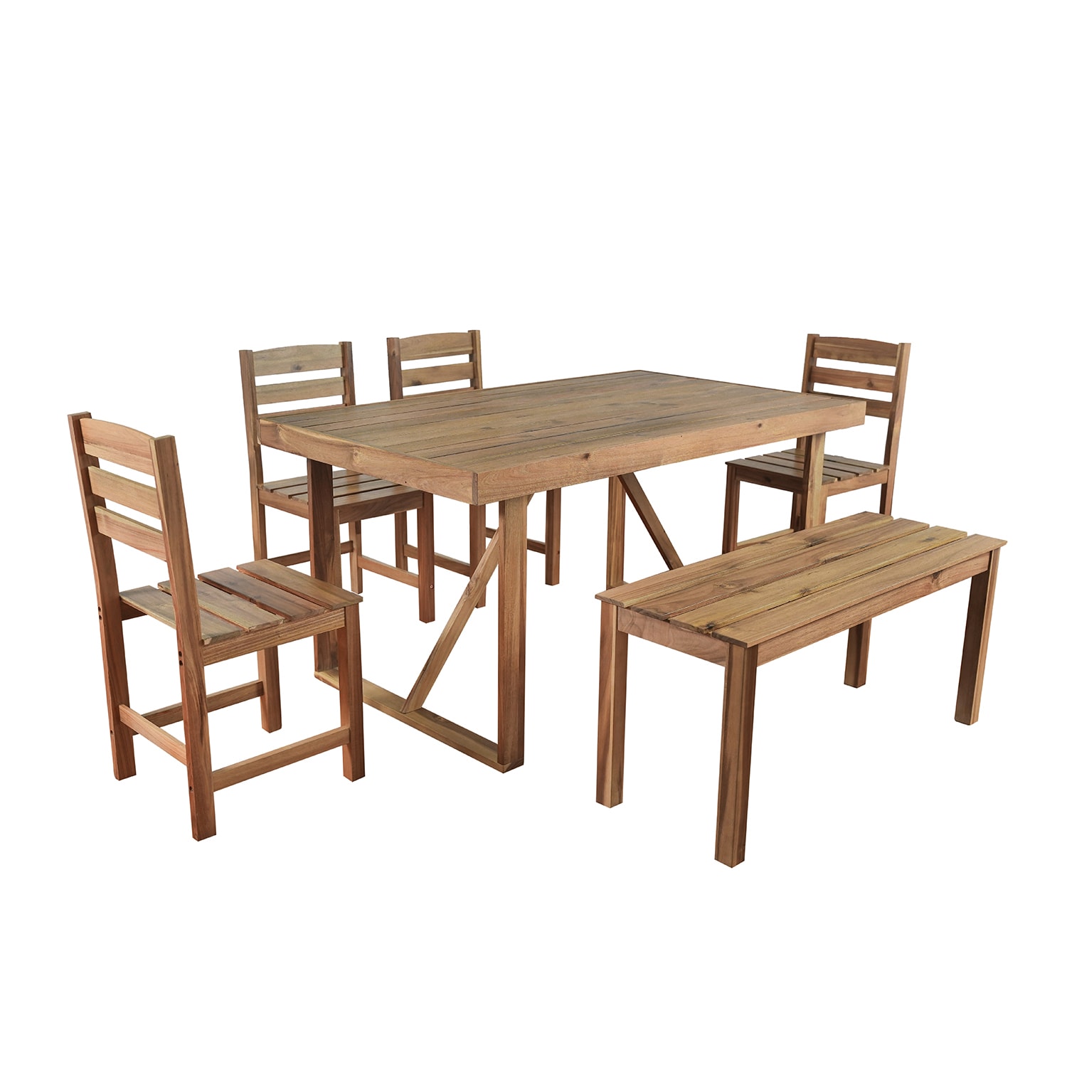 Bybafun YA0200239 6 -Piece Natural Wood Patio Dining Set Wood Rectangle Table with 4 Stationary Chairs