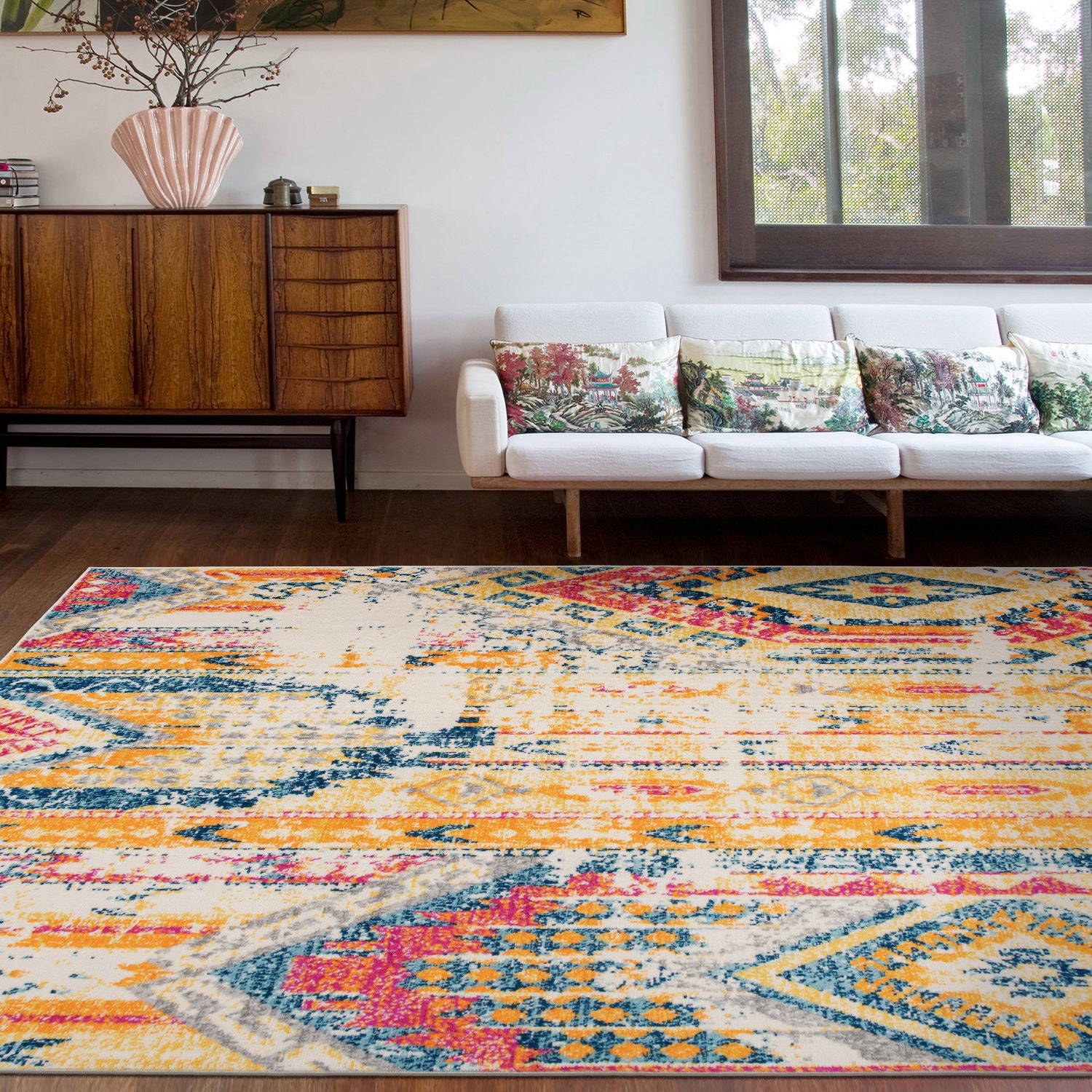 Multicolor Geometric Stain-Resistant Synthetic Area Rug 42" x 4"