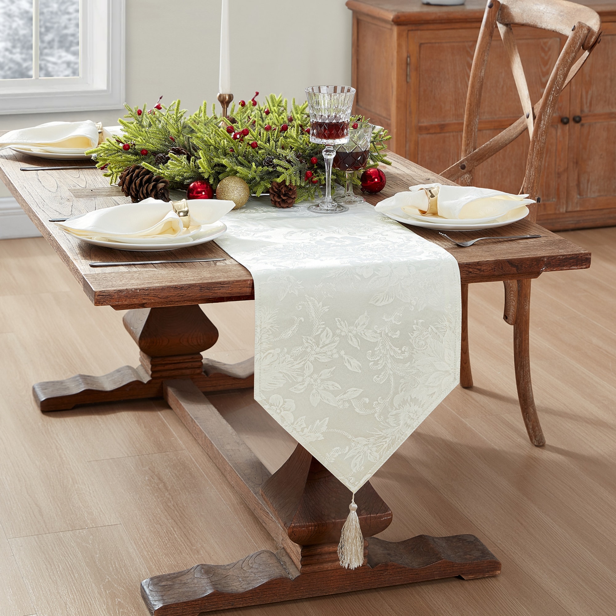 Ivory Polyester Jacquard Holiday Table Runner with Tassels